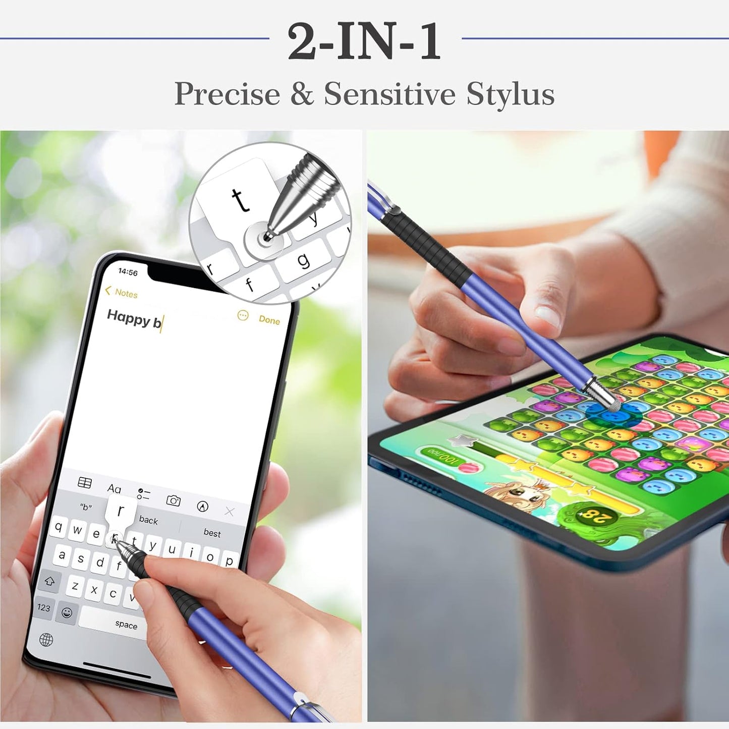 MEKO Stylus Pens for Touch Screens, 2 in 1 Universal Disc Stylus Pens for iPhone, iPad and All Capacitive Cell Phones, Tablets, Laptops Bundle with 6 Replacement Tips - (2 Pcs, Blue/Silver)