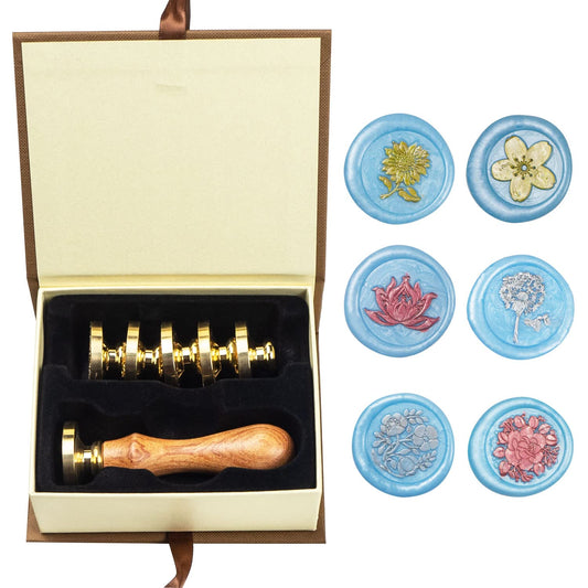 Flower Wax Seal Stamp Set with 6 PCS Removable Brass Heads and 1 Wooden Handle - Sunflower, Three Flowers, Lotus, Dandelion Sealing Wax Stamp for Cards & Invitations