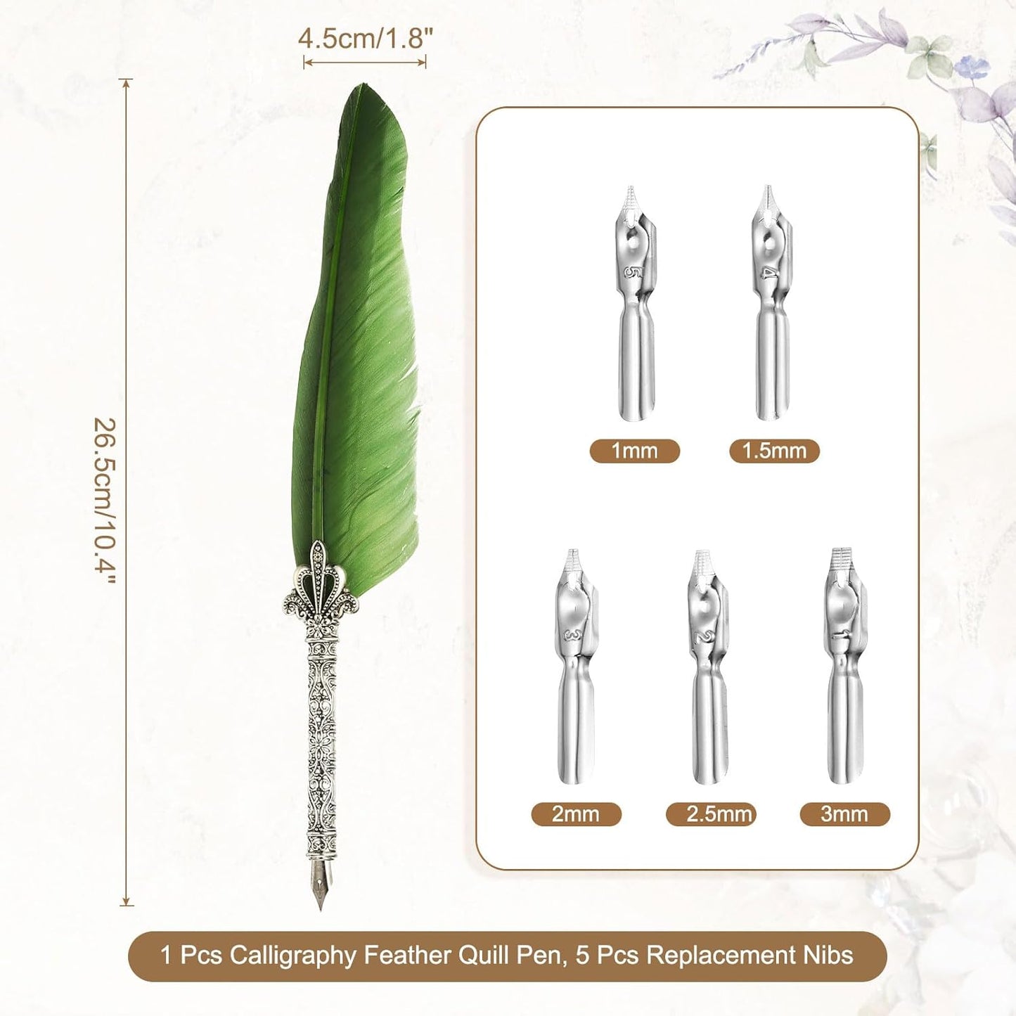 PATIKIL 26.5cm/10.4" Calligraphy Feather Quill Pen, Vintage Feather Dip Pen with 5 Replacement Nibs for Calligraphy Writing Wedding Office Gifts, Dark Green