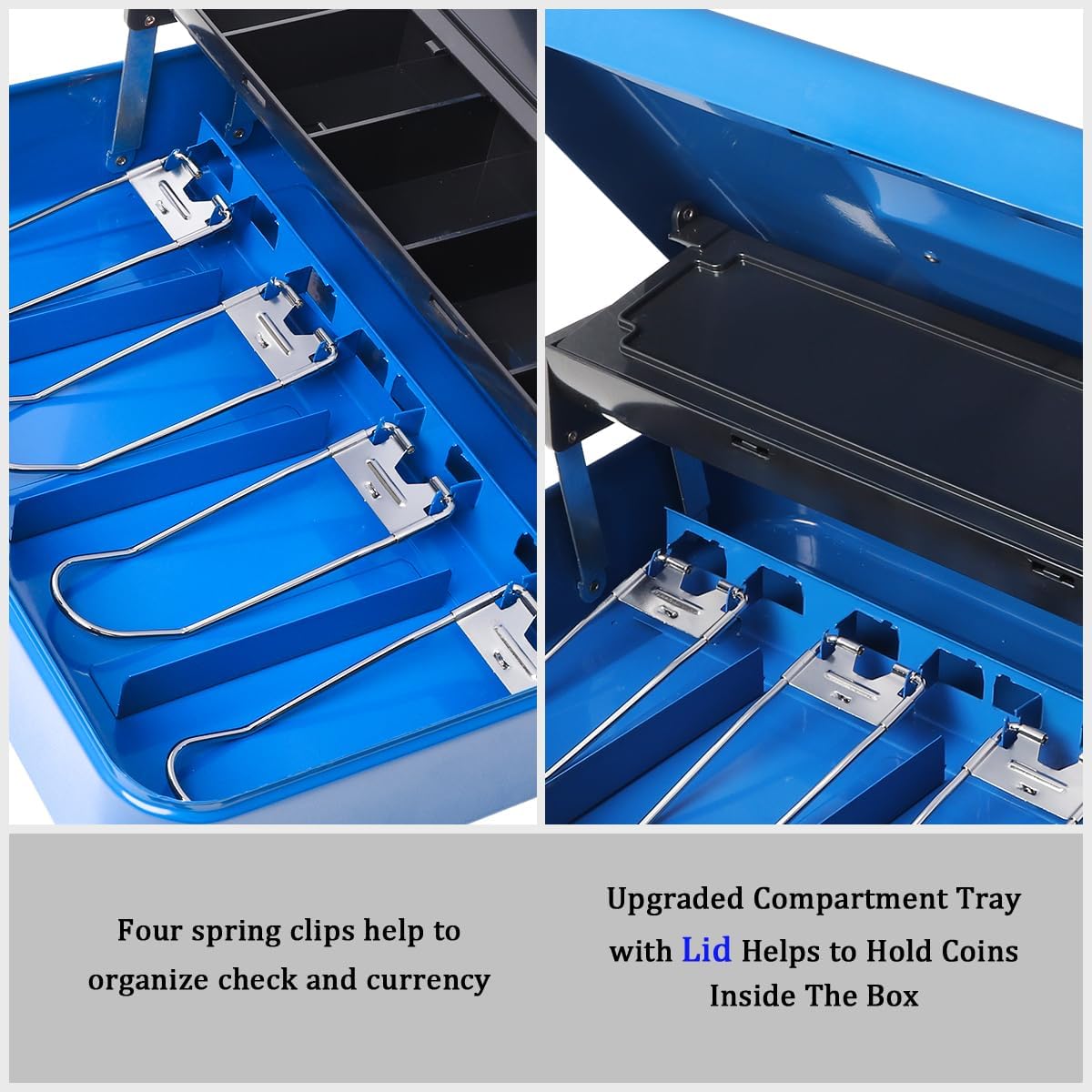 Jssmst Locking Metal Cash Box with Coin Lid, 11.8L x 9.5W x 3.5H Inches, Safe Money Box with Combination Lock, Blue, SM-CB0514BL