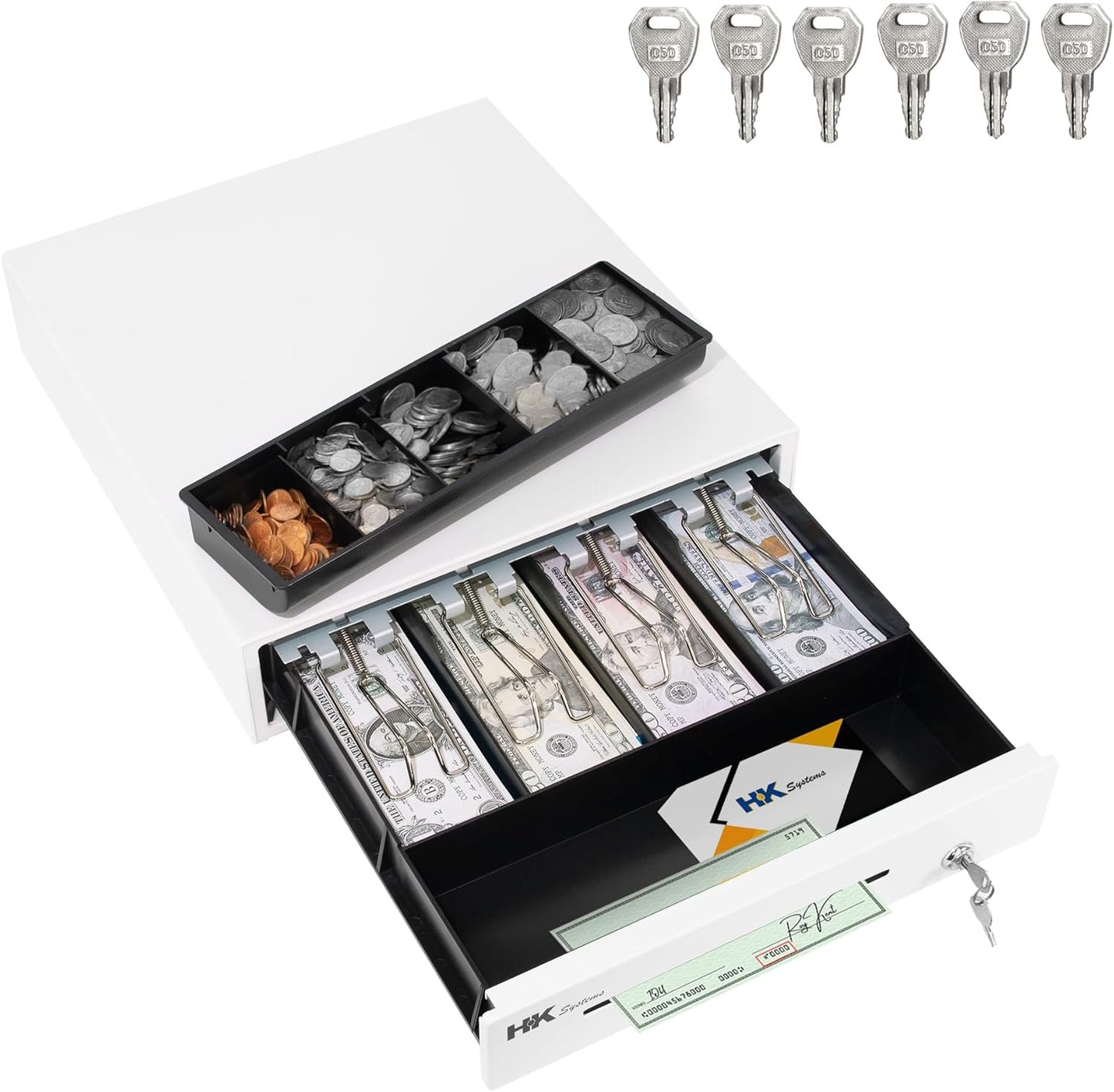HK SYSTEMS 13inch Heavy Duty POS Cash Drawer with 4Bill/5Coin, Removable Coin Compartment, 24V, RJ11, Single Large Media Slot, White