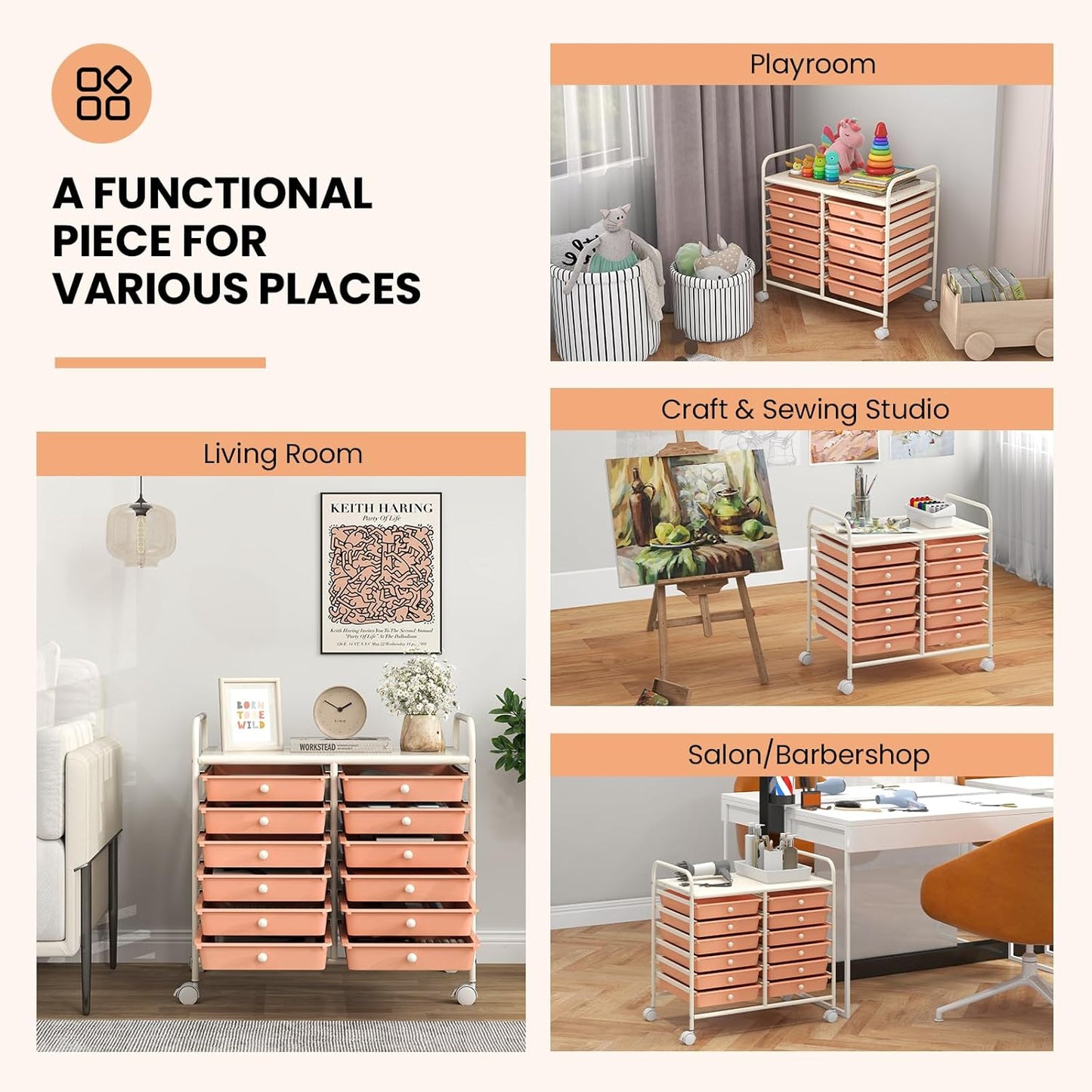 Giantex 12 Drawers Rolling Cart, Mobile Storage Drawer Cart, Classroom Organizer Cart for Office School Supplies Tools Scrapbook Paper Craft Small Printer, Utility Cart on Wheels, Peach Fuzz