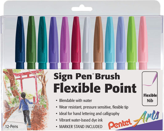 Pentel Arts Sign Pen Brush Tip, Assorted Colors, 12 Pack Box (SES15C2PC12)