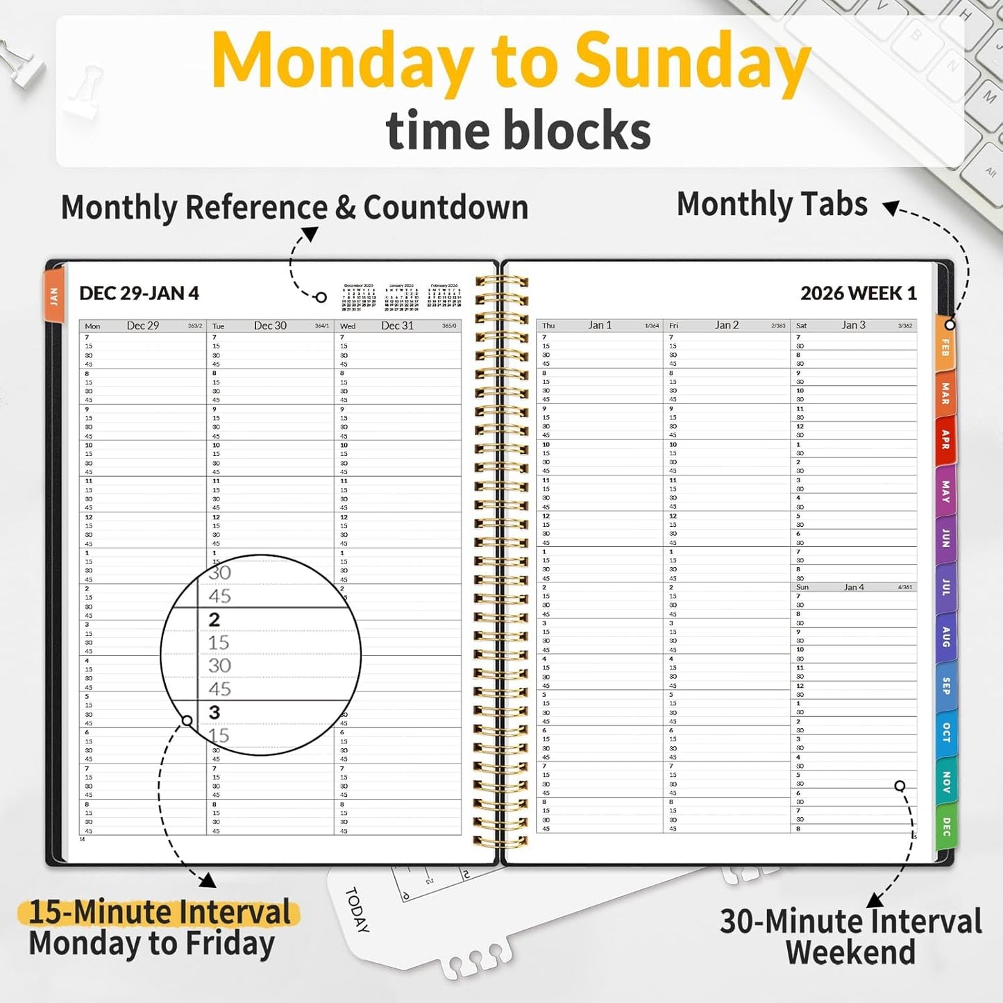 SUNEE 2026 Appointment Book, Quarter-Hourly, Weekly & Monthly - from January 2026 - December 2026, 8.5"x11" Weekly Planner, Flexible Cover, Note Pages, Pockets, Bookmark, Spiral Binding, Black