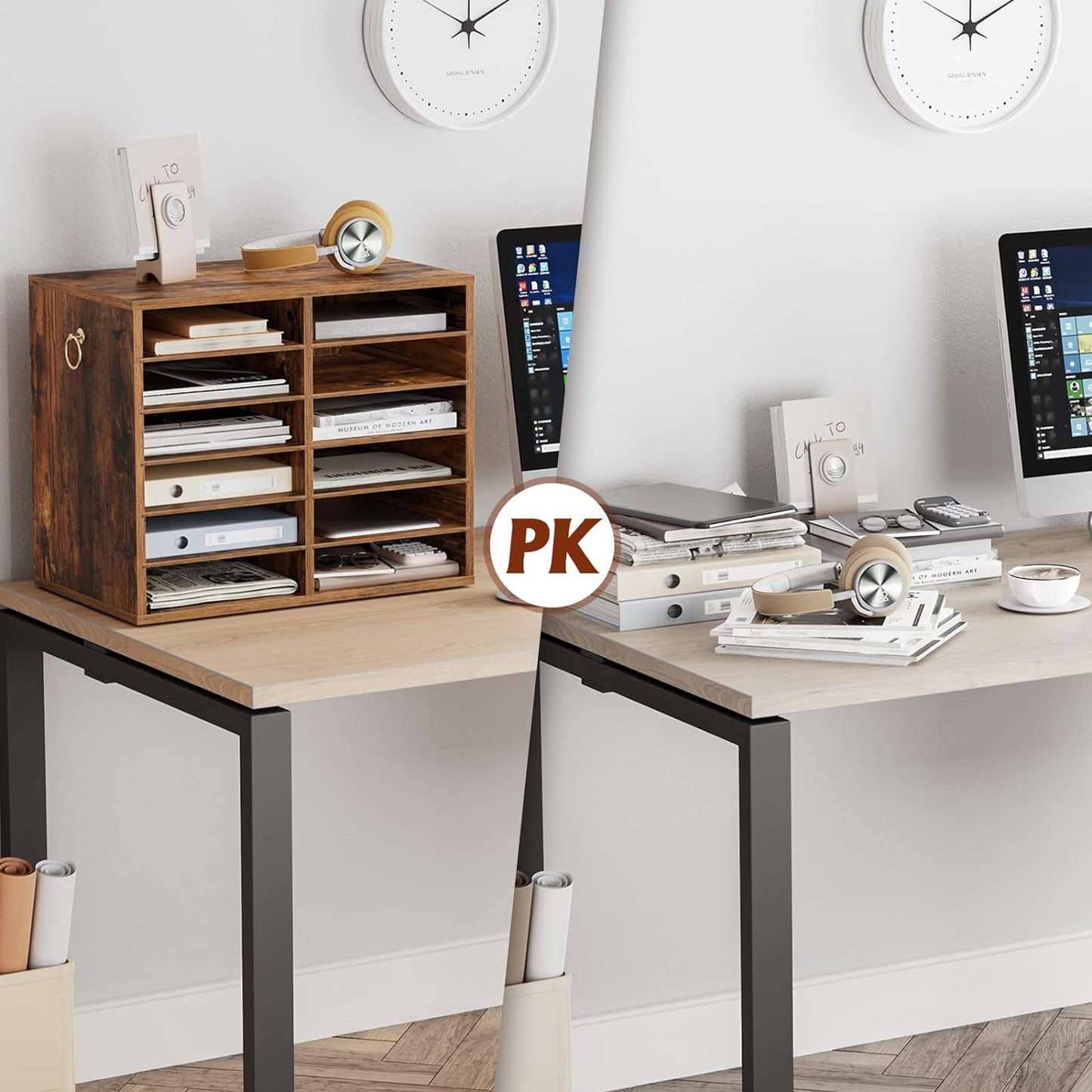 HOOBRO Literature Organizers, 12 Compartments Office Mailbox with Adjustable Shelves, Wood Countertop Literature Sorter for Office, Home, Classroom, Mailrooms Organization Rustic Brown FG12WF01