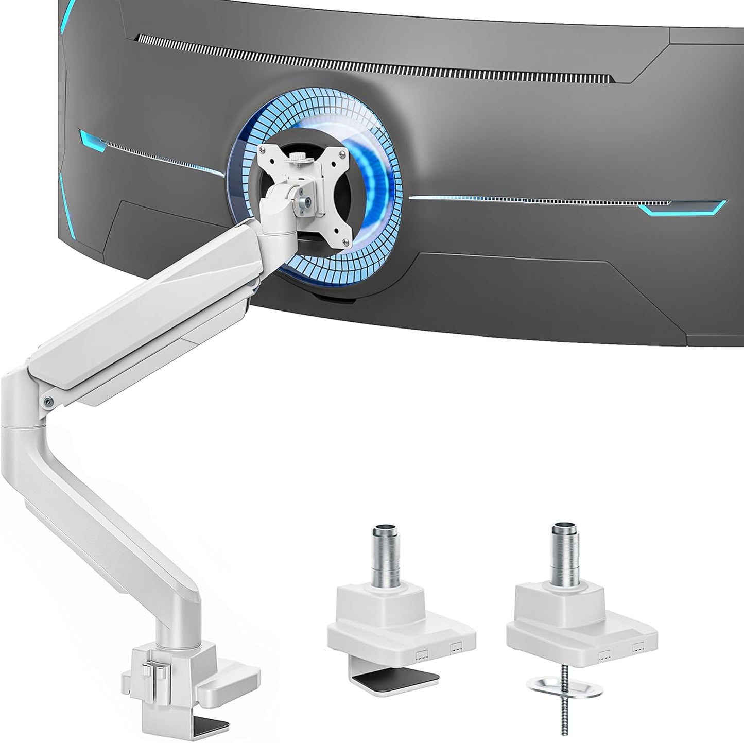 ARES WING Ultrawide Monitor Arm, Heavy Duty Single Monitor Mount for 13"-49" Curved Screens, Adjustable Stand for Desk with C-clamp & Grommet Base up to 40 LBS, White