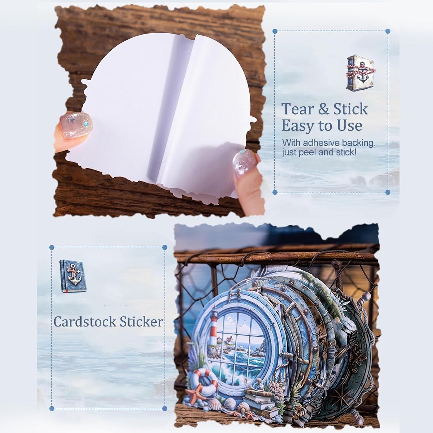 Nautical Scrapbook Stickers Set – 60PCS Vintage Maritime-Themed Cardstock Stickers, Adhesive Die-Cuts for Journals, Crafts, Gift Tags, DIY Decor