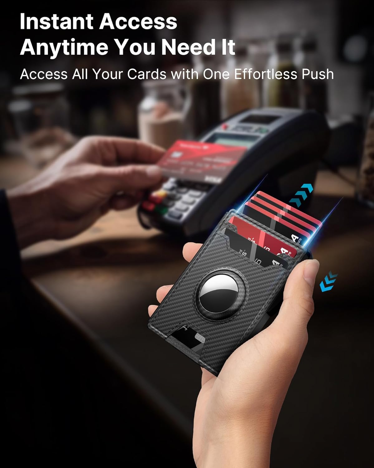 typecase AirTag Wallet for Men: Pop Up Card Case, Secure Holder for Apple Air Tag, Premium Leather, Smart, RFID Blocking, Slim, Minimalist, 13 Cards Capacitiy | ID Window | Money Clip (Carbon Fiber)