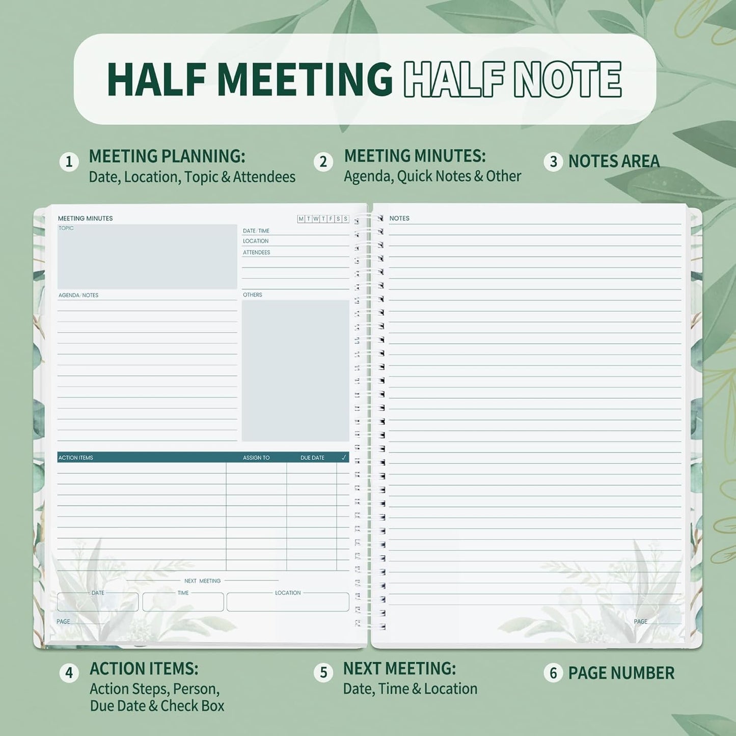 SUNEE Half Meeting Half Note - 8.5"x11" Professional Notebooks for Work - 160 Pages, A4 Size Project Planner, Spiral Meeting Agenda/Minutes Organizer for Women Men, Note Taking, Office & Business