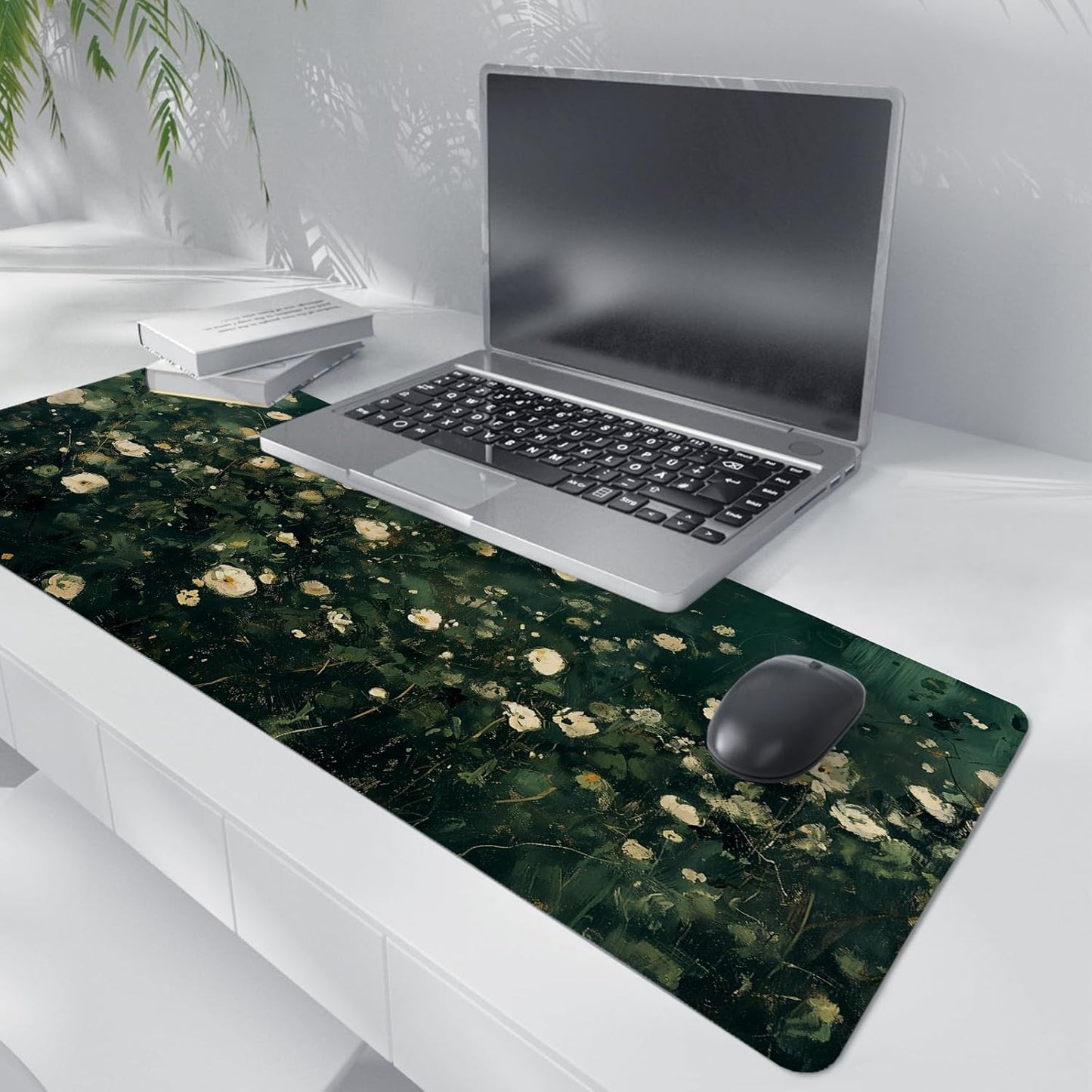 Green Yellow Floral Desk Mat,Green and Yellow Mouse Pad, Abstract Floral Spring Desk Mat,Big Large Spring Abstract Oil Painting Desk Pad,Preppy Girly Summer Desktop Decor Art,31.5x11.8In