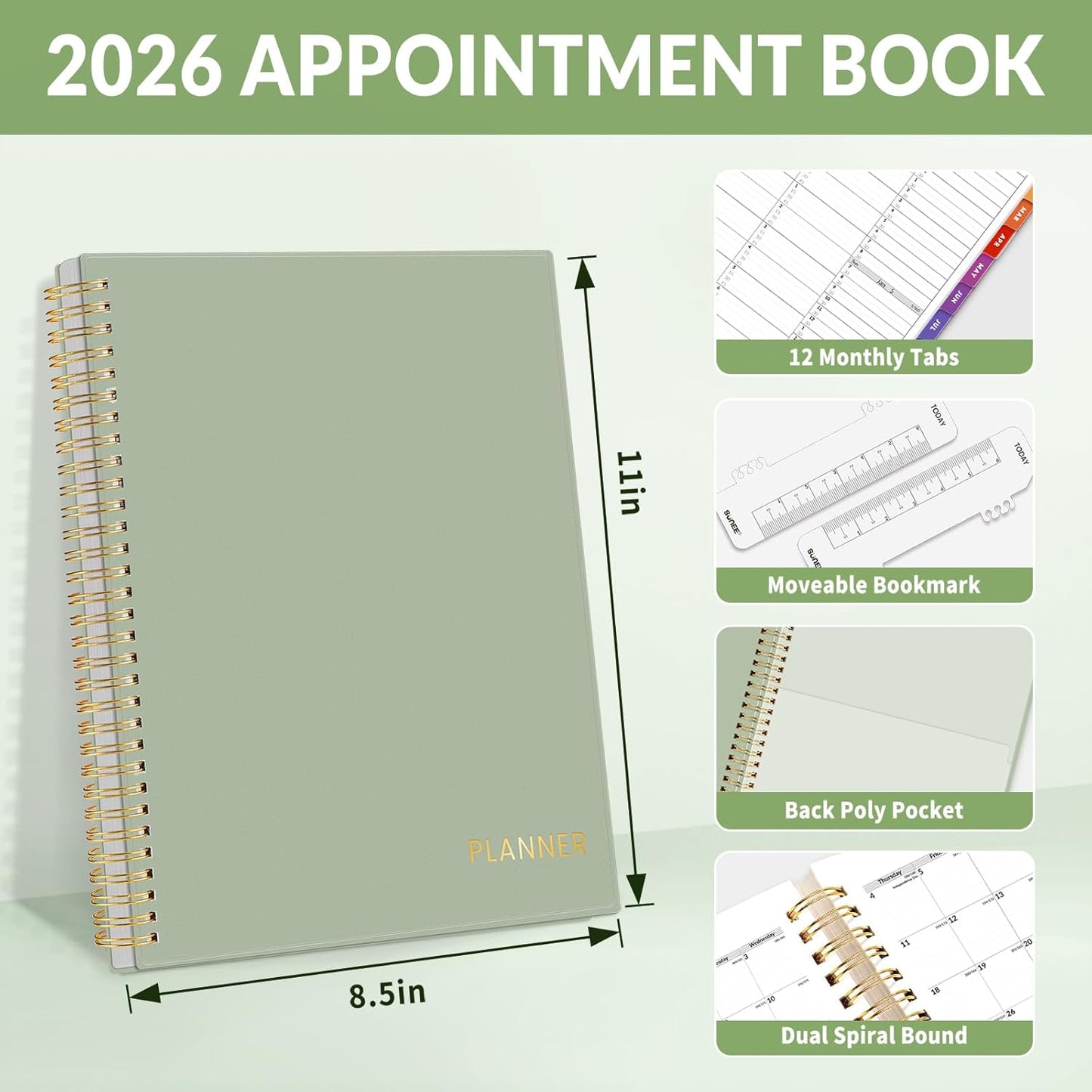 SUNEE 2026 Appointment Book, Quarter-Hourly, Weekly & Monthly - from January 2026 - December 2026, 8.5"x11" Weekly Planner, Flexible Cover, Note Pages, Pockets, Bookmark, Spiral Binding, Green