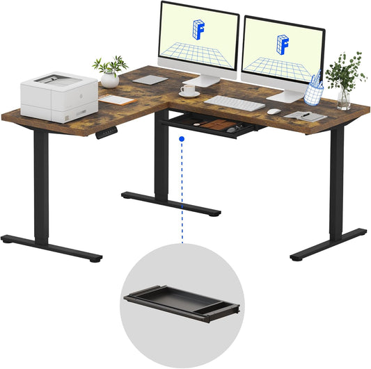 FLEXISPOT L Shaped Standing Desk, 63 x 55 Inch Electric Height Adjustable Corner Desk, Sit Stand Computer Workstation, Preset Controller, Home Office, Black Frame with Rustic Brown Top, Black Drawer