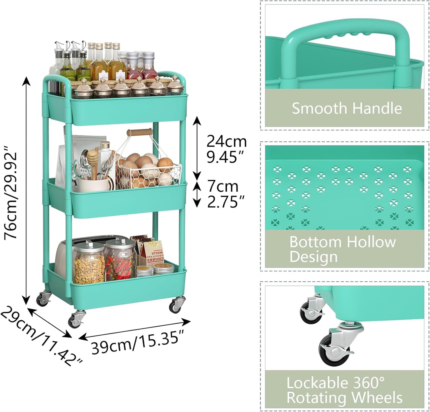 Sywhitta 3-Tier Plastic Rolling Utility Cart with Handle, Multi-Functional Storage Trolley for Office, Living Room, Kitchen, Movable Storage Organizer with Wheels, Green