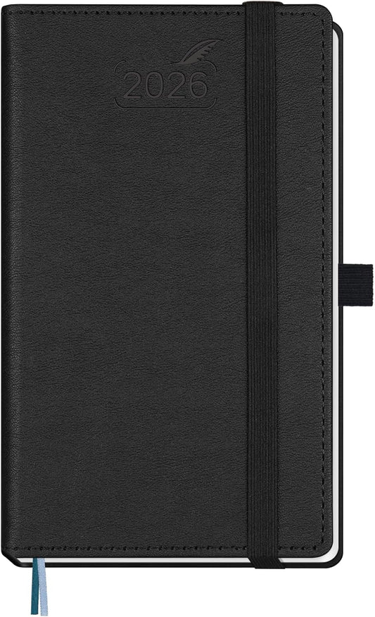 BEZEND Pocket Calendar 2026 Weekly and Monthly (3.5" x 6") Small Daily Planner for Purse (Jan-Dec) with Notes & Expenses, Inner Pocket, Pen Holder, Vegan Leather Hardcover - Black