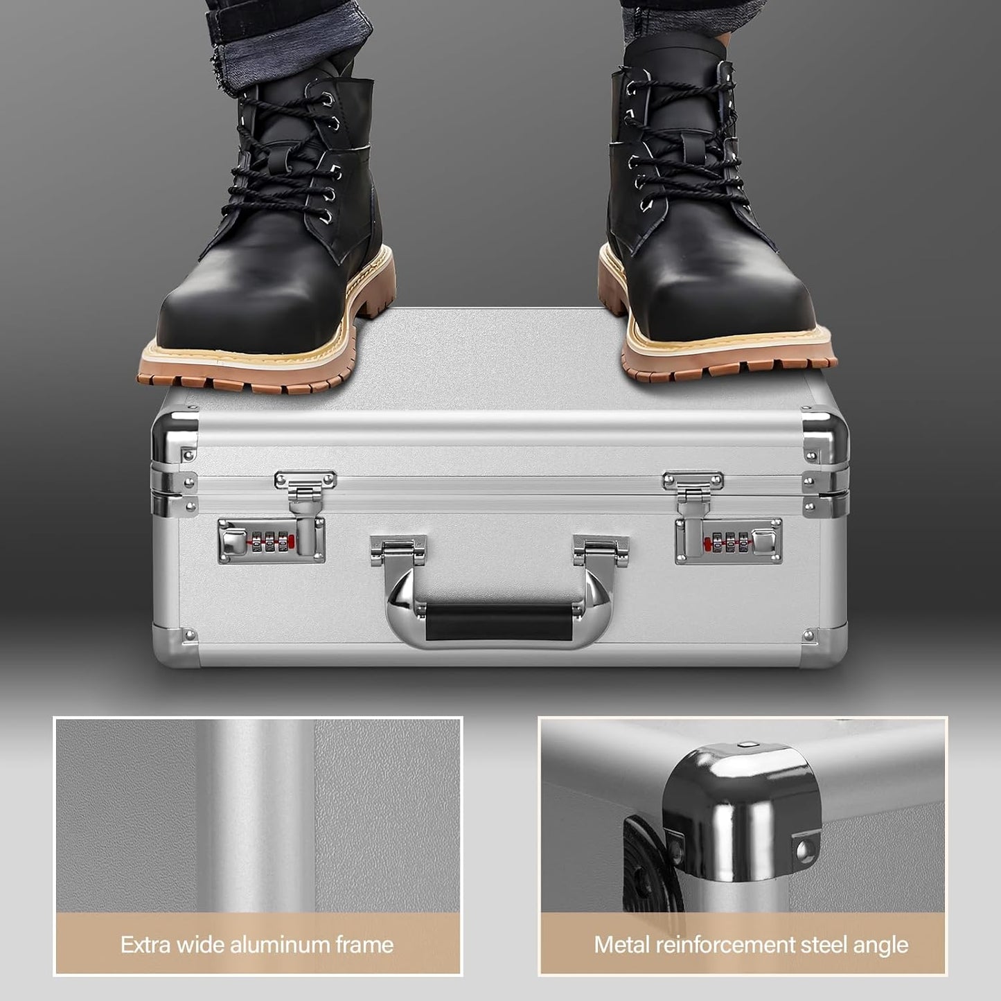 File Organizer Storage Box - 16.9 x 12.2 x 6.1 Inch Large, Portable Locking Storage Totes with Dual Combination Locks, Lock Boxes for Personal Items, Cash, Briefcase - Silver