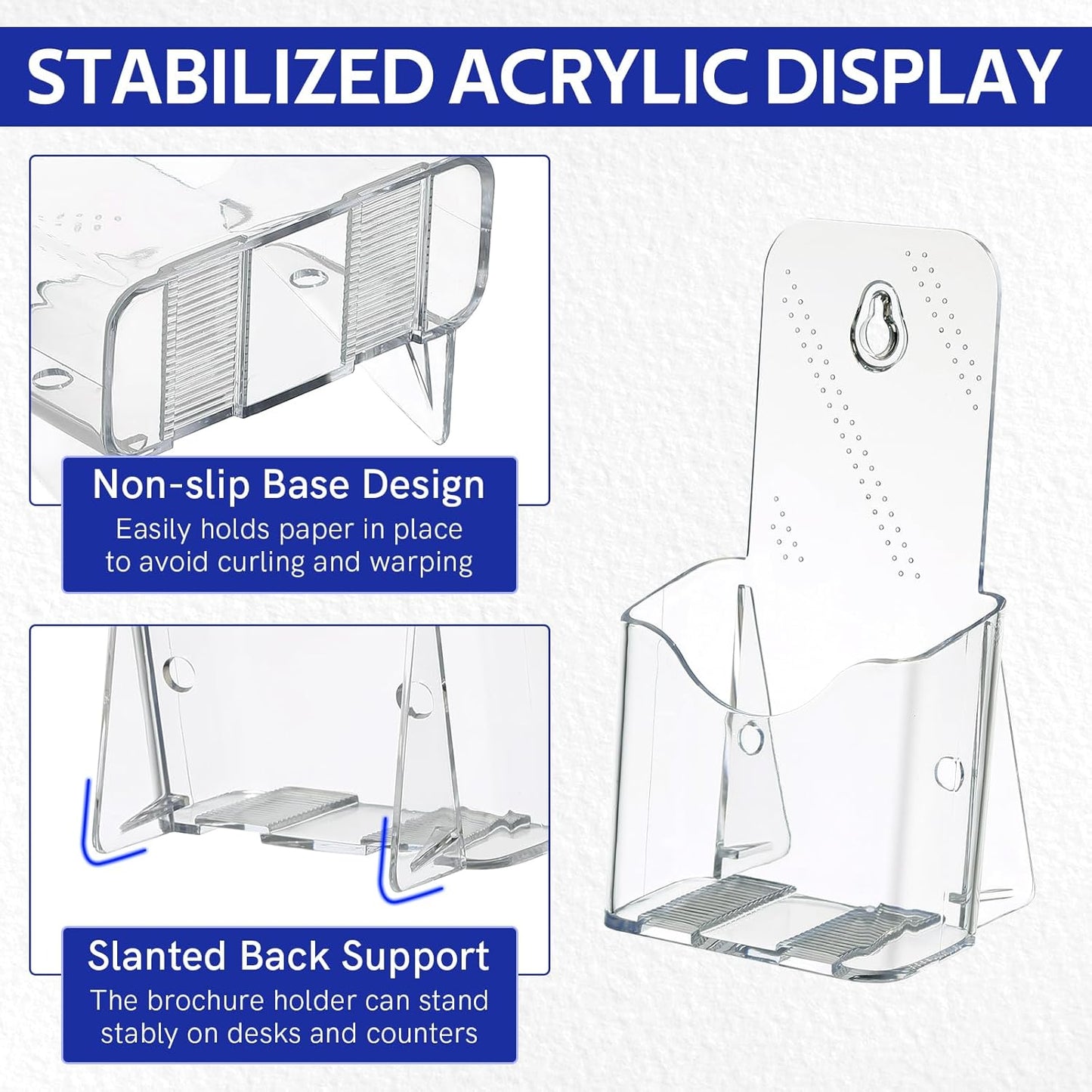 MYFULLY Acrylic Brochure Holder 4 x 7.9 Inches, 10 Pack Clear Plastic Trifold Pamphlet Holders, Wall Mount or Countertop Literature Display Rack Stand for Flyers, Booklets, Menus, Magazines, Leaflets