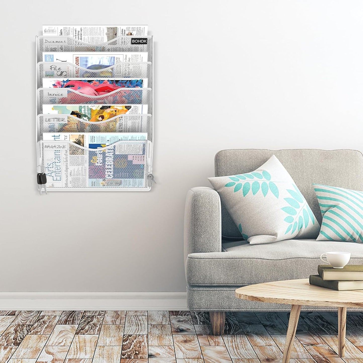 Wall File Organizer, 5 Tire Hanging File Folder Organizer, Vertical Mesh Metal Door/Wall Mount Hanging File Holder, Paper Document Magazine Rack with Hooks for Home Office White