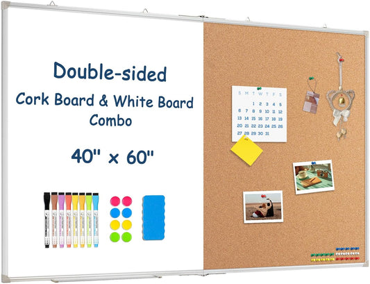 Large White Board Dry Erase Foldable Cork Board Combo, 60" x 40" Double Sided Dry Erase Board for Wall, Magnetic Whiteboard Cork Board Combination for Office, Home, School, Kitchen