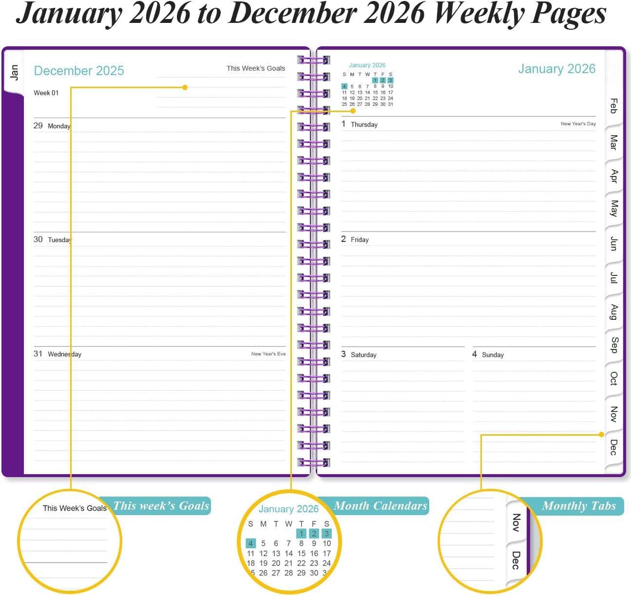 2026 Planner - Weekly and Monthly Calendar Planner from Jan 2026 - Dec 2026, Planner 2026 Spiral Bound with 12 Monthly Tabs, Inner Pocket, Perfect for School Office Supplies, 6.4" x 8.5", Purple-C
