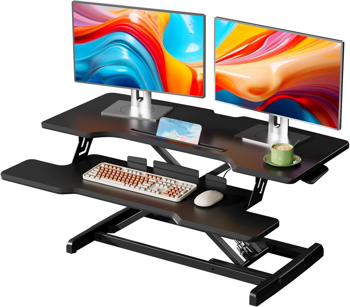 35" Standing Desk Converter, Height Adjustable Desktop Riser with Keyboard Tray for Two Monitors, Sit to Stand up Computer Workstation for Home Office, Black