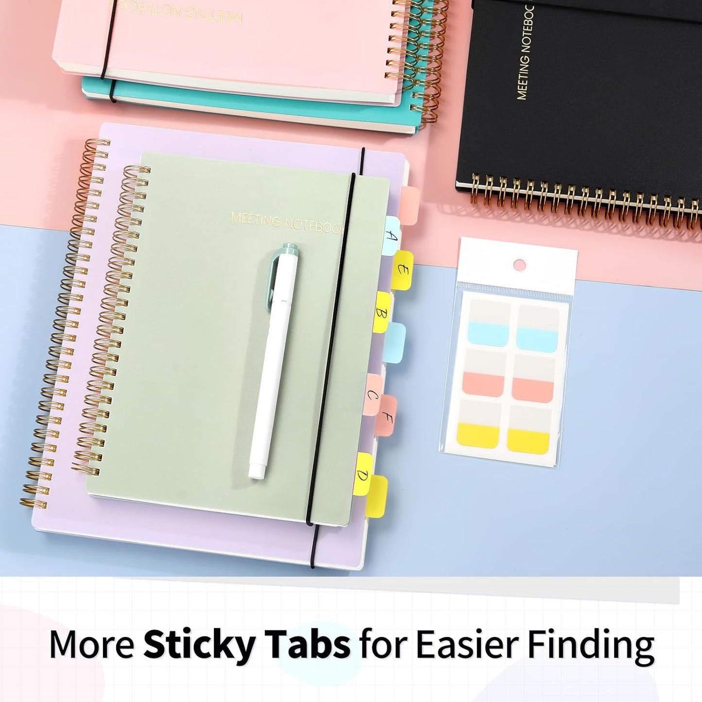 SUNEE Meeting Notebook for Work with Sticky Tabs - 160 Pages, B5 Size Project Planner, Spiral Meeting Agenda/Minutes Notebook Organizer for Women Men, Note Taking, Office & Business,7"x10", Sage Green