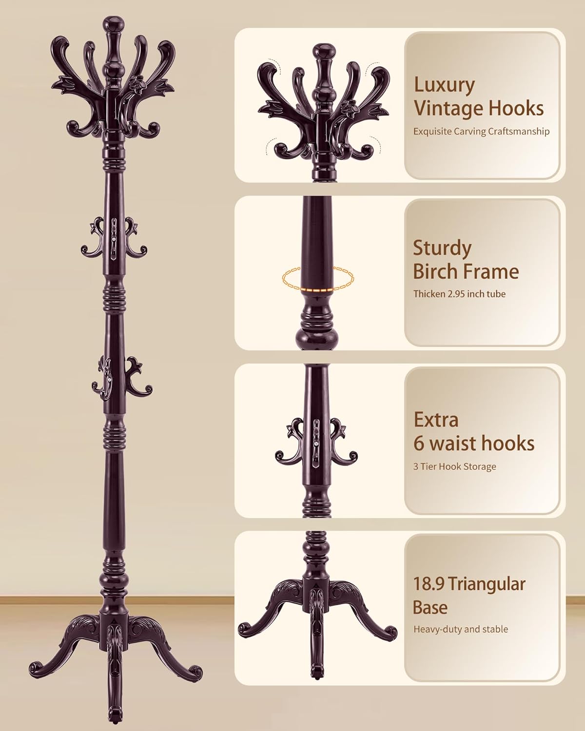 EZIVIEZ Wooden Coat Rack Stand, Solid Wood Freestanding Coat Rack, Vintage Coat Racks with 14 Hooks & Triangle Base, Heavy Duty Standing Coat Hanger Jacket Tree Stand for Office, Entryway, Hallway