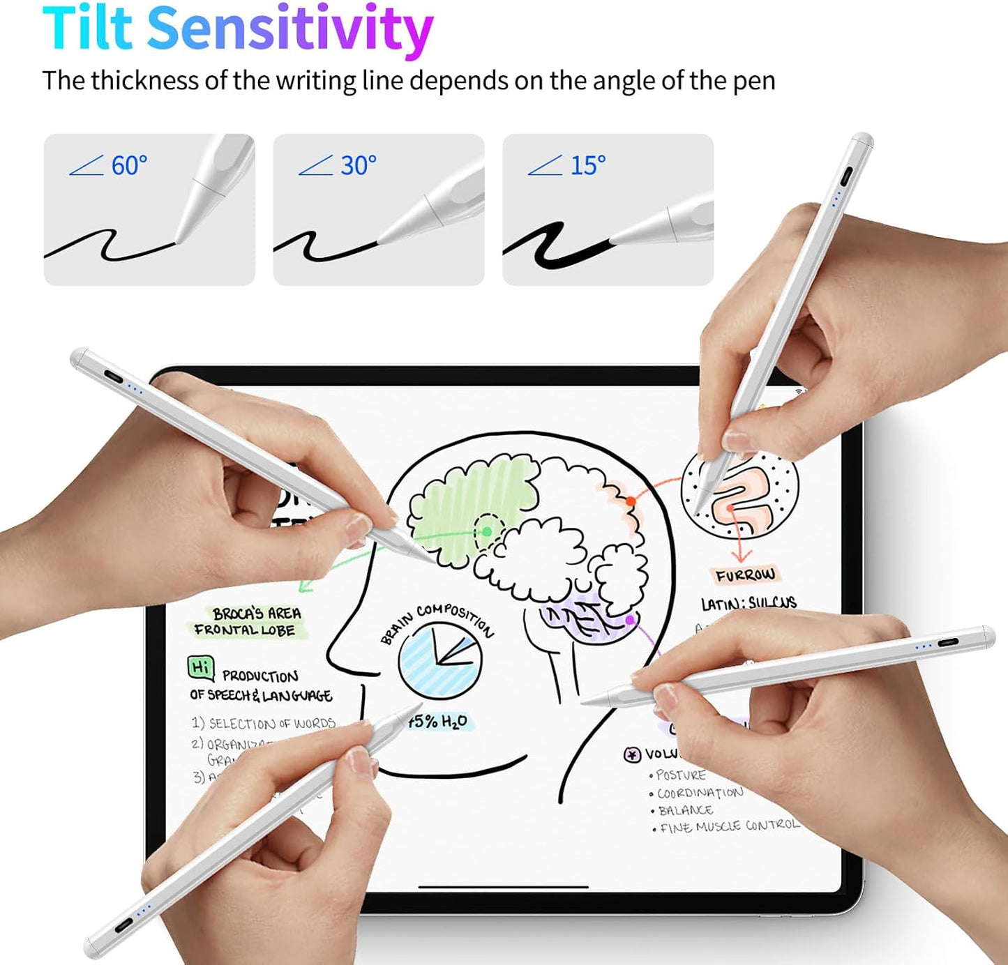 Stylus Pen for iPad, Fast Charging Pencil with Palm Rejection, Tilt Sensitivity, Work for iPad 6/7/8/9/10, Pro 11"/12.9"/M4, Air 3/4/5/M2, iPad mini 5/6, White