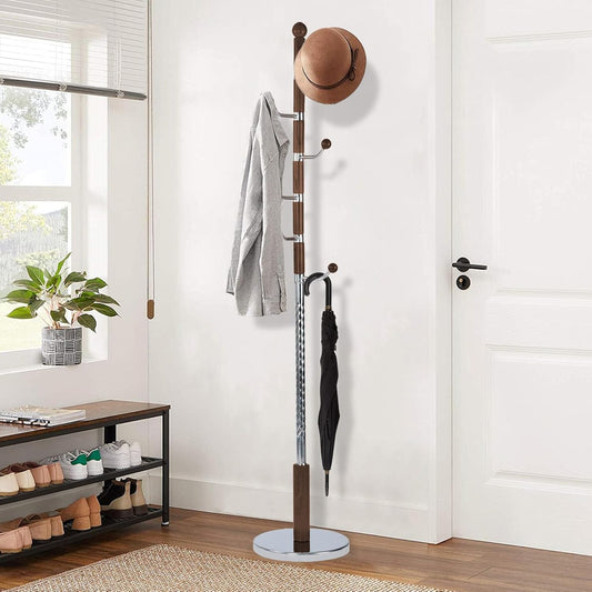 Wooden Coat Rack Freestanding, Vintage Coat Racks with Sturdy Round Base, Adjustable Height 37.40"-72.83" Entrance Coat Rack for Bedroom Living Room Entryway (Walnut Metal Hook)