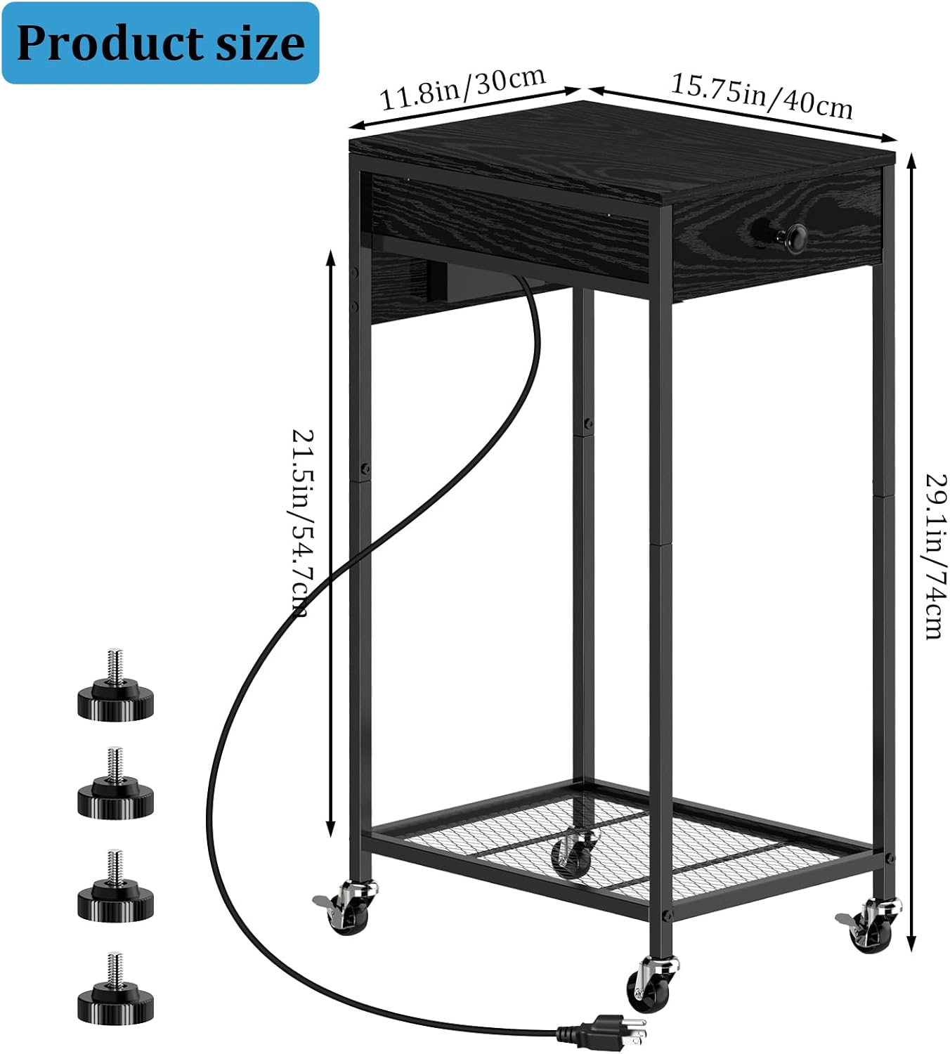 2 Tier Computer Tower Stand with Drawer, CPU Holder Stand with Charge Station and USB Charging Port, Printer Cart with Wheels for Home Office Fax, Black