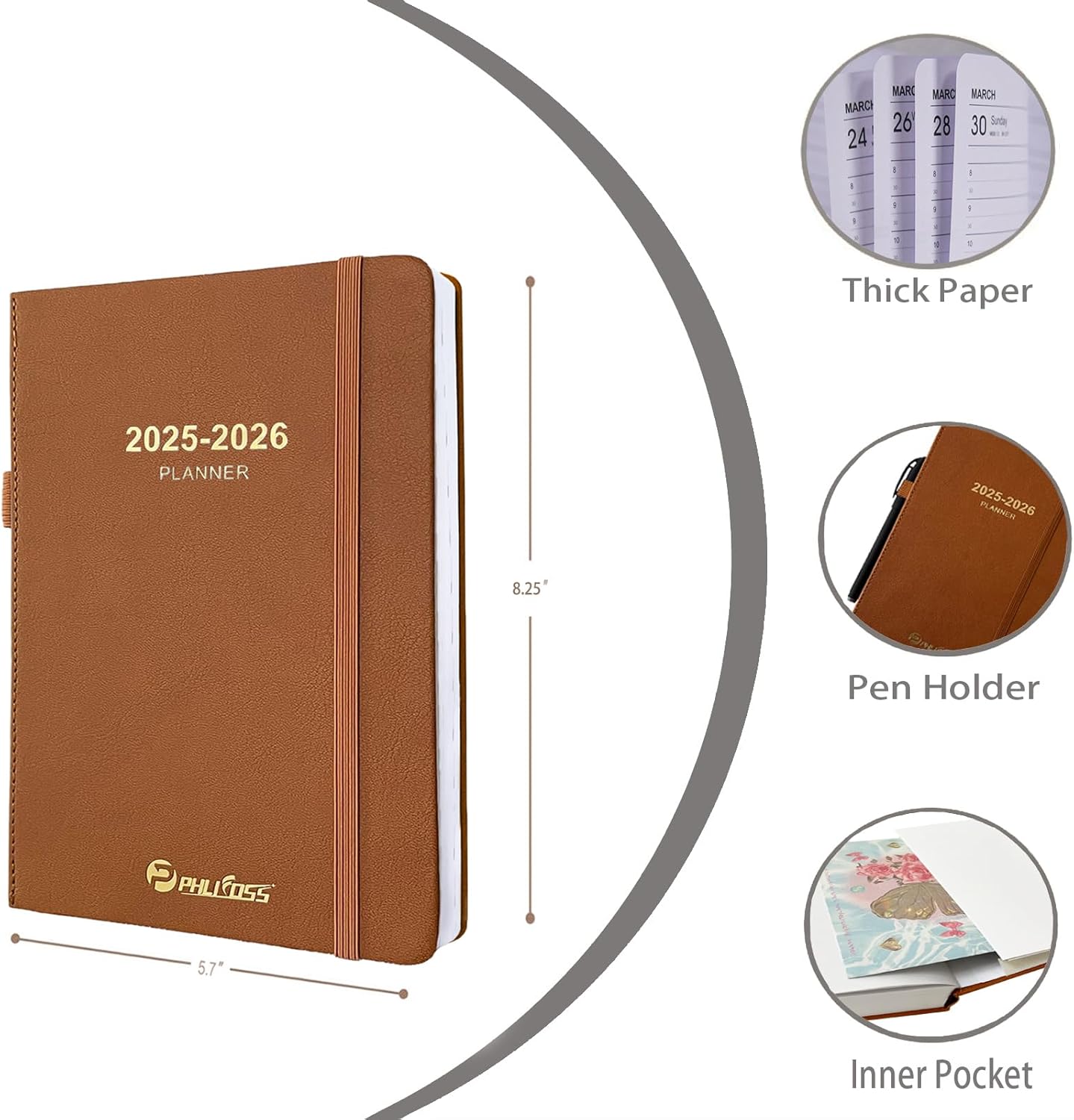 Daily Planner 2025-2026, One Page Per Day, Academic Planner (July 2025 - June 2026), Appointment Book with Time Slots and Monthly Tabs, 5.7" x 8.25", Pocket, Leather Cove (Brown)