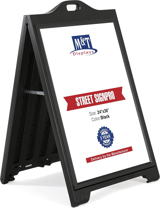 M&T Displays Street SignPro with Lens Protective Cover, 24x36 Inch Poster Black Double Sided Sandwich Board Folding A-Frame Sidewalk Curb Sign Portable Advertising Display for Restaurant Cafe