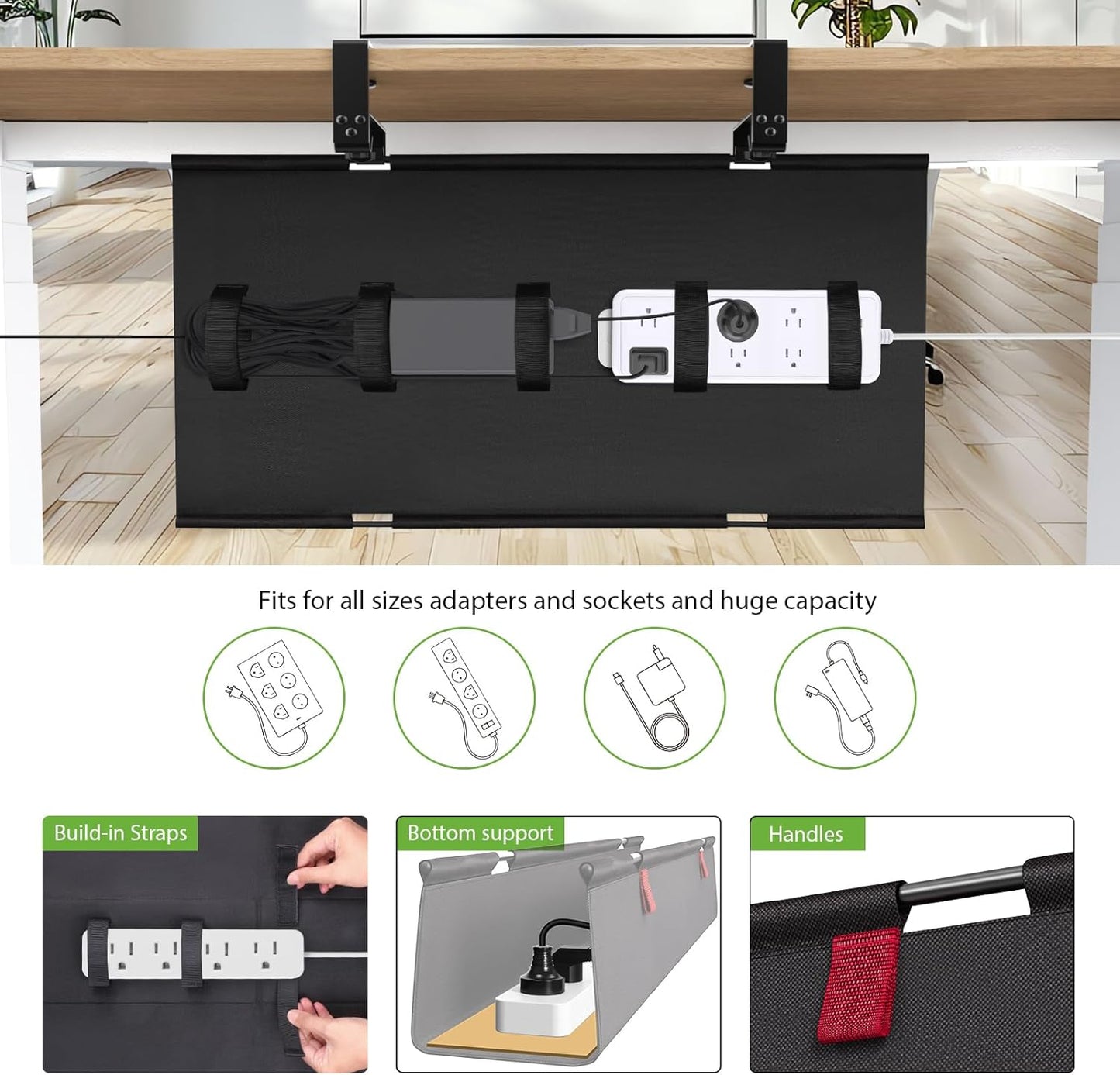 KEEGH No Drill Under Desk Cable Management Tray - 28" Cord Management Under Desk - Clamp/Screw Mount - Support Upto 70lbs - Fabric Wire Management - Gaming/PC Cable Tray Cord Hiders for Office/Home