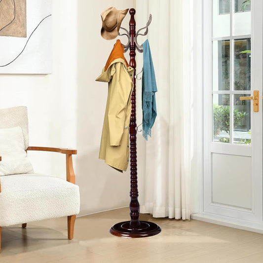 Wood Coat Rack Freestanding, Natural Coats Tree Stand with 14 Metal Hooks, 73" Sturdy and Easy Assembly Coat Rack Stand for Entryway, Hallway, Bedroom, Bags, Hats (Heavy-duty Disc Base, Metal Hook)