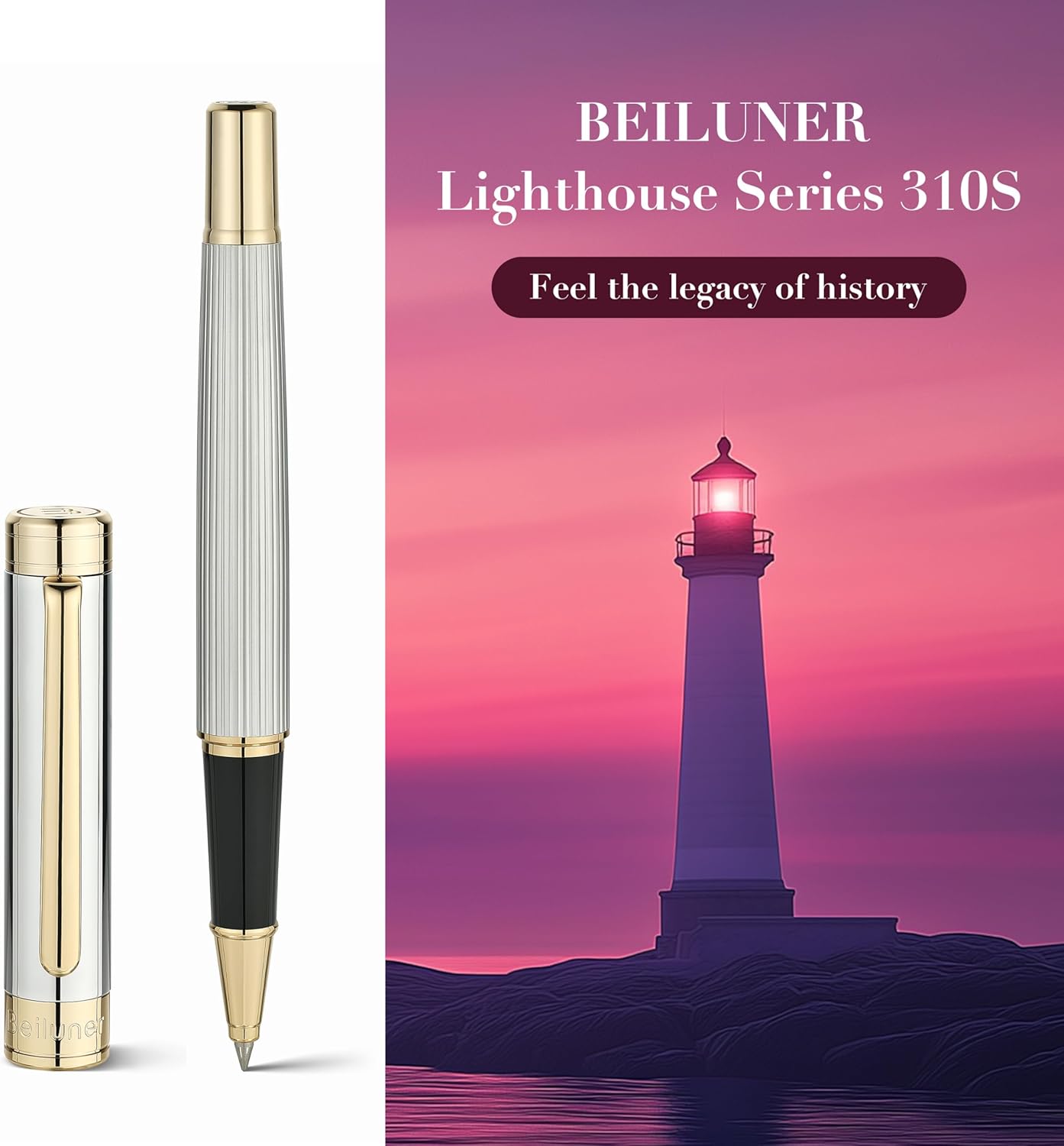 BEILUNER Lighthouse series Rollerball pen, Silver Chrome pen body, exquisite vertical lines, Schneider 850 refill, suitable for men, office, professionals, exquisite and chic designer pen