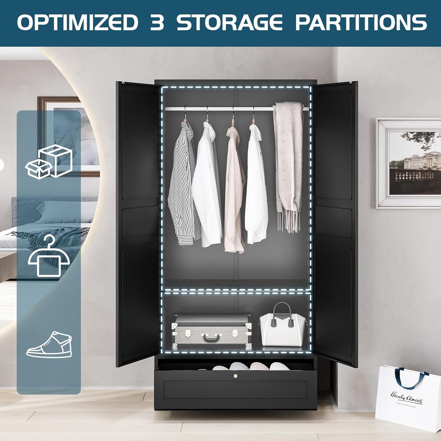 MIIIKO Wardrobe Closet with Drawer, 2 Doors Clothes Cabinet, 72" Metal Storage Cabinets with Hanging Rod and Shelf, Bedroom Armoires Laundry Room and Office Clothes Storage Organizer Cabinets