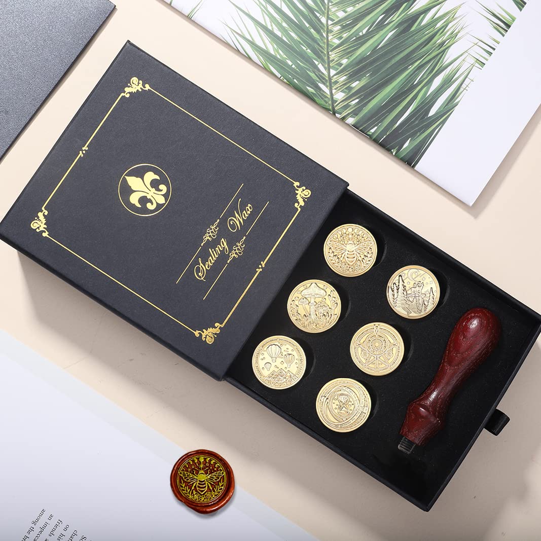 Wax Seal Stamp Hot Stamping Gift Box Set, 6 Pcs Sealing Wax Stamps Copper Seals 1 Wooden Hilt, Wax Stamp Kit for Cards Envelopes, Gift Packaging