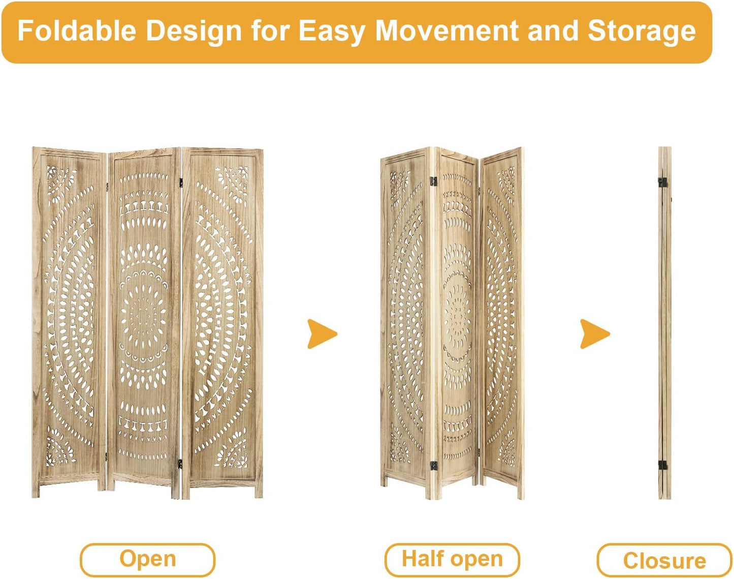 3 Panel Handcrafted Carved Room Divider Screen, 360° Adjustable Wood Folding Privacy Screens for Room Separation, 66.9 Inch Partition Room Dividers for Home Bedroom Office, Natural