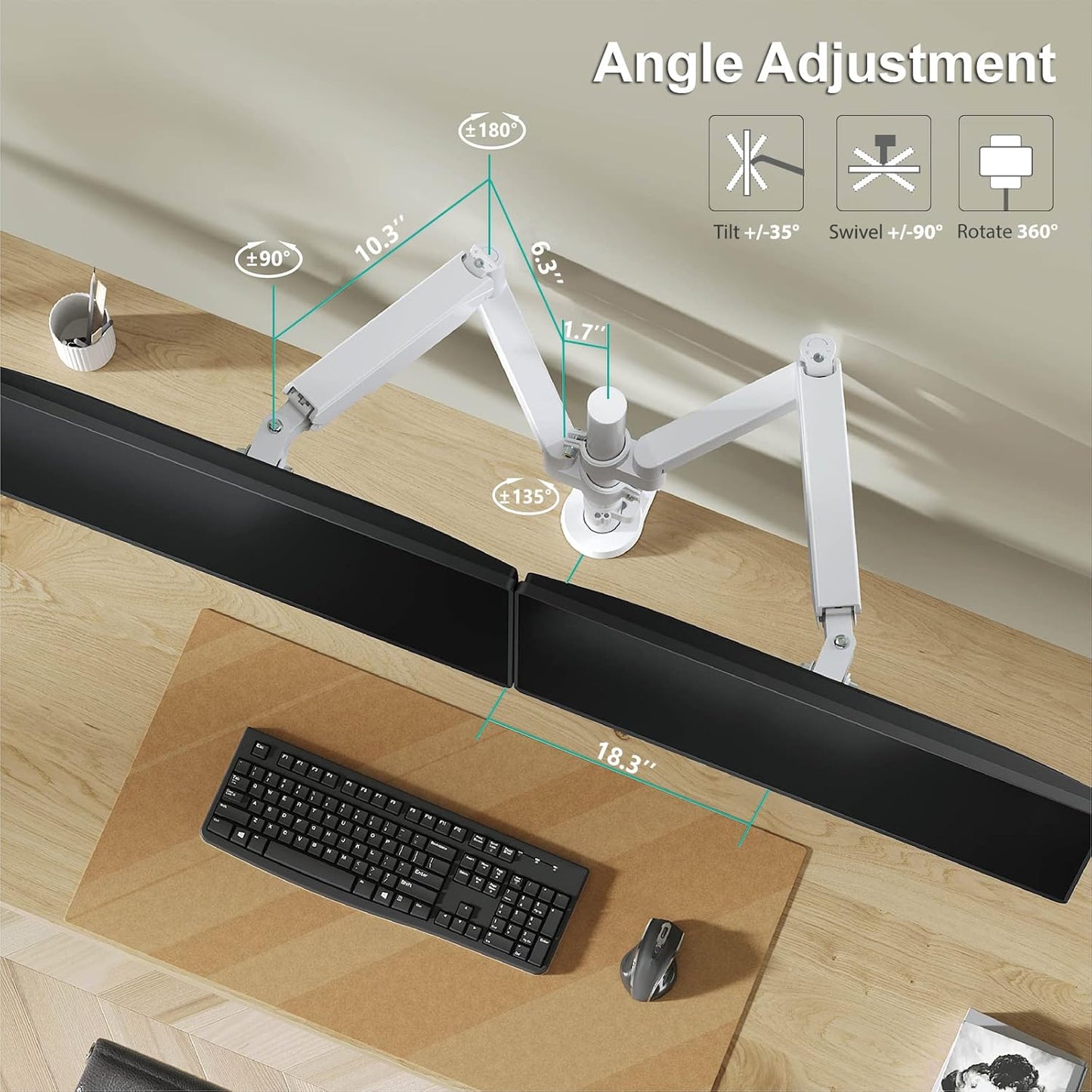 WALI Dual Monitor Mount, Adjustable Gas Spring Arms Desk Mount for 2 Monitors up to 32 inch, 17.6lbs Weight Capacity, Mounting Holes 75 x 75mm or 100 x 100mm (GSDM002W), White