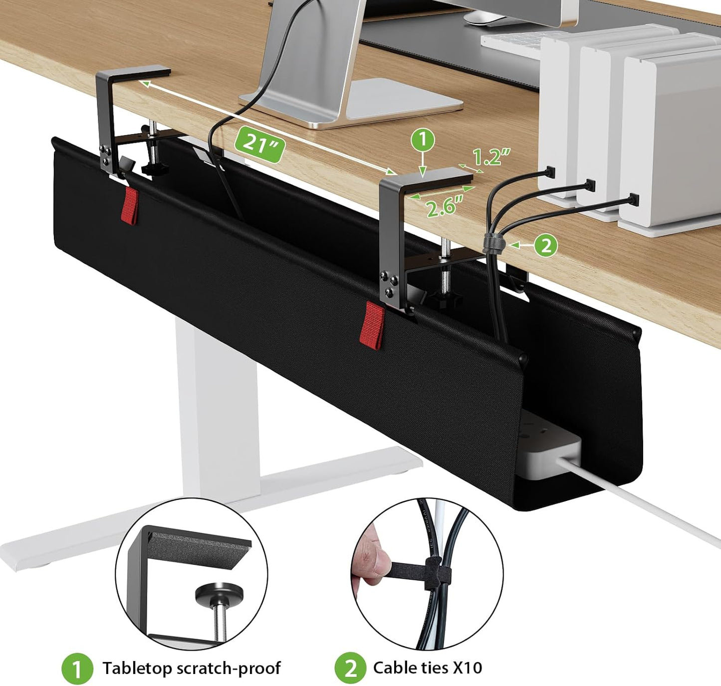 KEEGH Large 36" Under Desk Cable Management Tray - Under Desk Cord Organizer - Clamp/Screw Mount - Support Upto 70lbs - Fabric Wire Management - Gaming/PC Cable Raceways - Cord Hiders for Office/Home