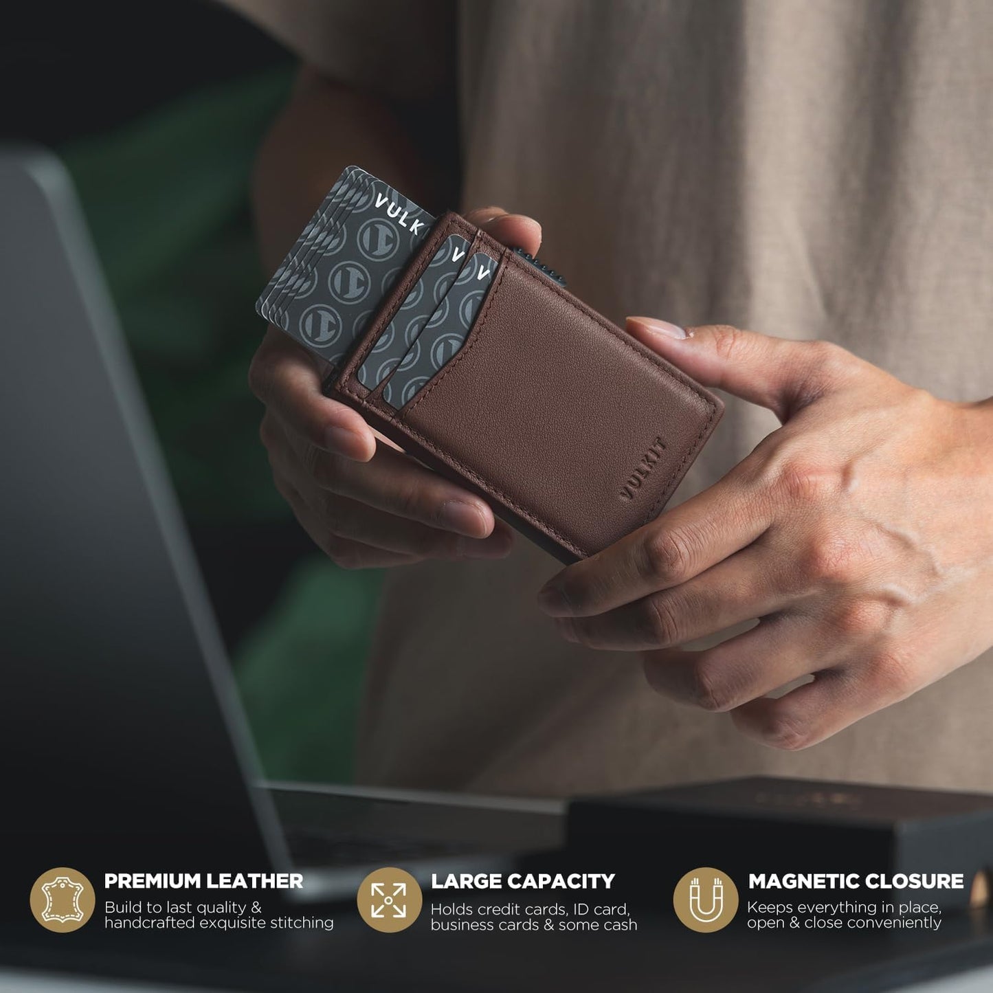 VULKIT Men's Wallet with ID Window Top Grain Leather RFID Blocking Minimalist Wallet Pop Up Card Holder Magnetic Closure