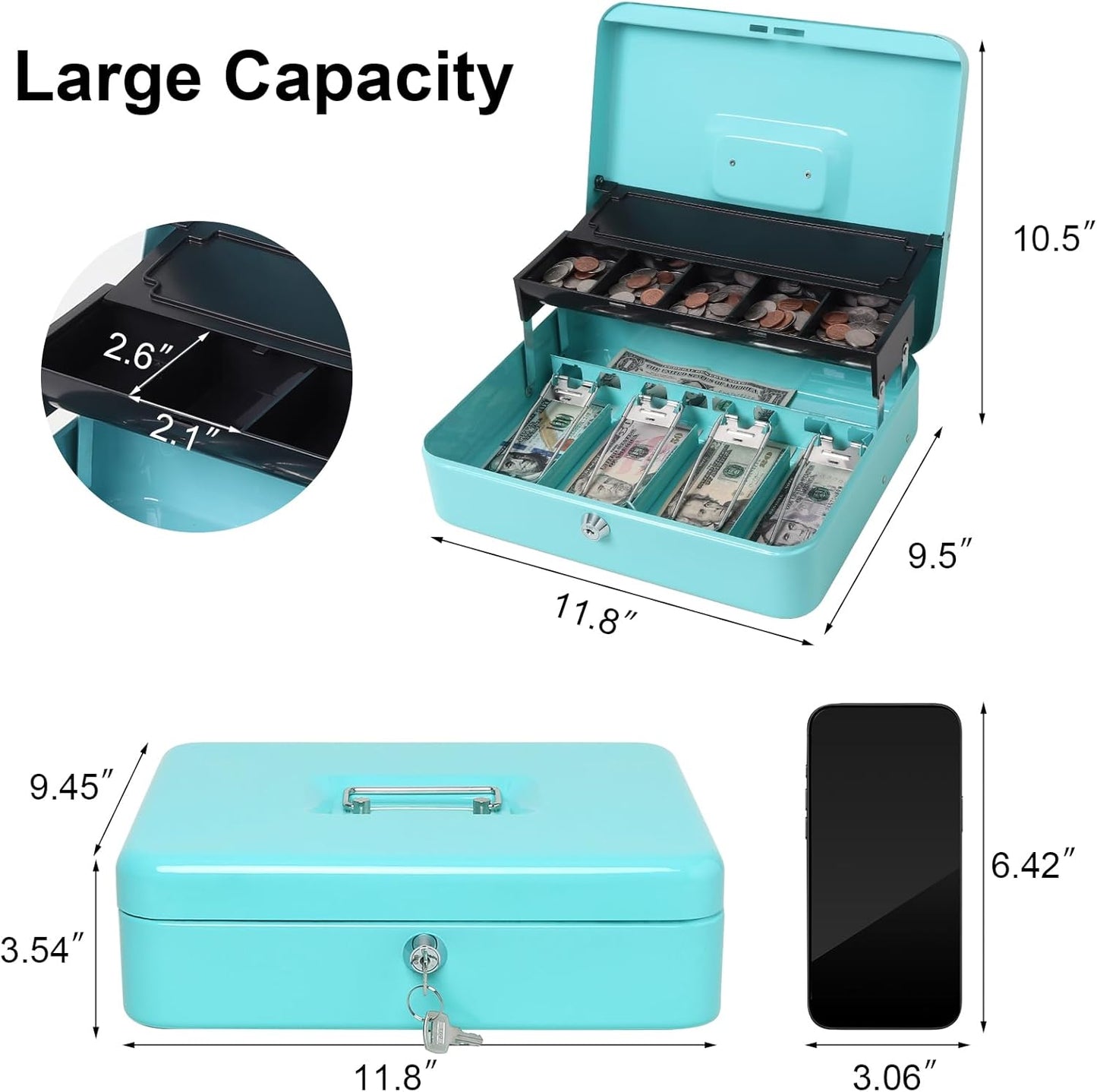 Jssmst Locking Metal Cash Box with Coin Lid, 11.8L x 9.5W x 3.5H Inches, Safe Money Box with Key Lock, Light Blue, SM-CB0519LB