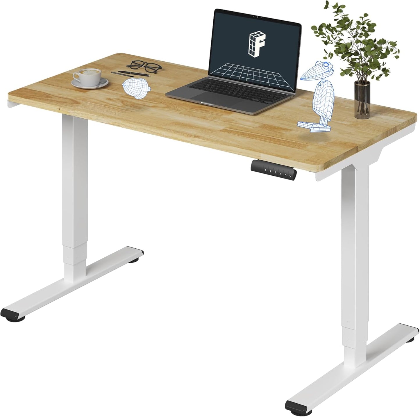 FLEXISPOT E6 Essential Rubber Solid Wood 3 Stages Dual Motor 48x24 Inch Electric Height Adjustable Standing Whole-Piece Board Desk Sit Stand Up Desk (White Frame + Solid Wood Desktop)