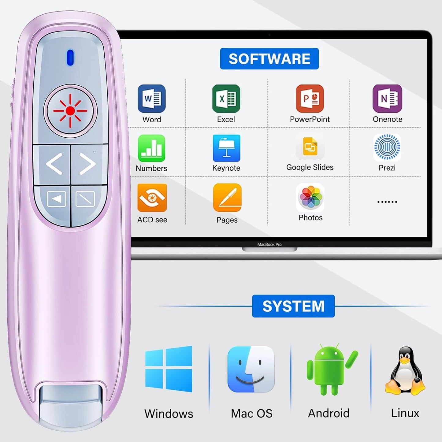 2-in-1 USB Type C Presentation Clicker, Wireless Presentation Clicker PowerPoint Presenter Remote with Volume Control, Powerpoint Clicker with Slide Advancer for Computer/Laptop/Mac,Pink