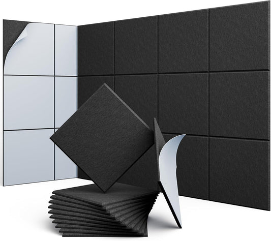 12 Pack 12" X 12" X 0.4" Acoustic Panels for Wall Sound Absorbing, Square Self-Adhesive Sound Panels, High Density Suitable for Multiple Scenarios(Black)