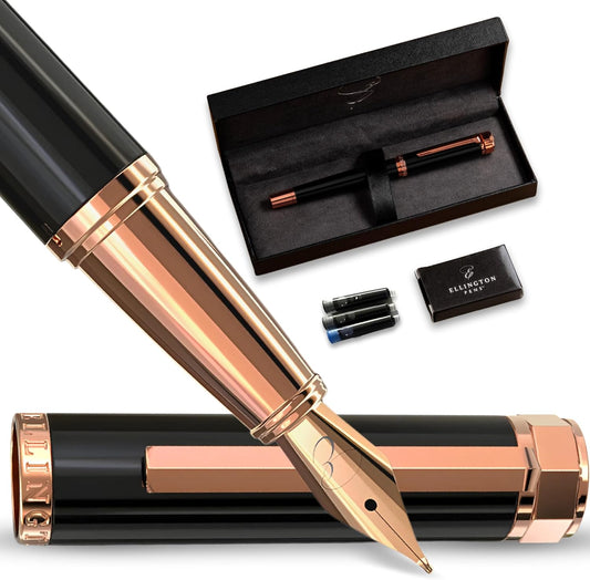Luxury Fountain Pen Set- Fountain Pens for Writing - Smooth Medium Nib - Includes Refillable Ink Converter, 3 Ink Cartridges [Black & Blue], Gift Box - Elegant Calligraphy