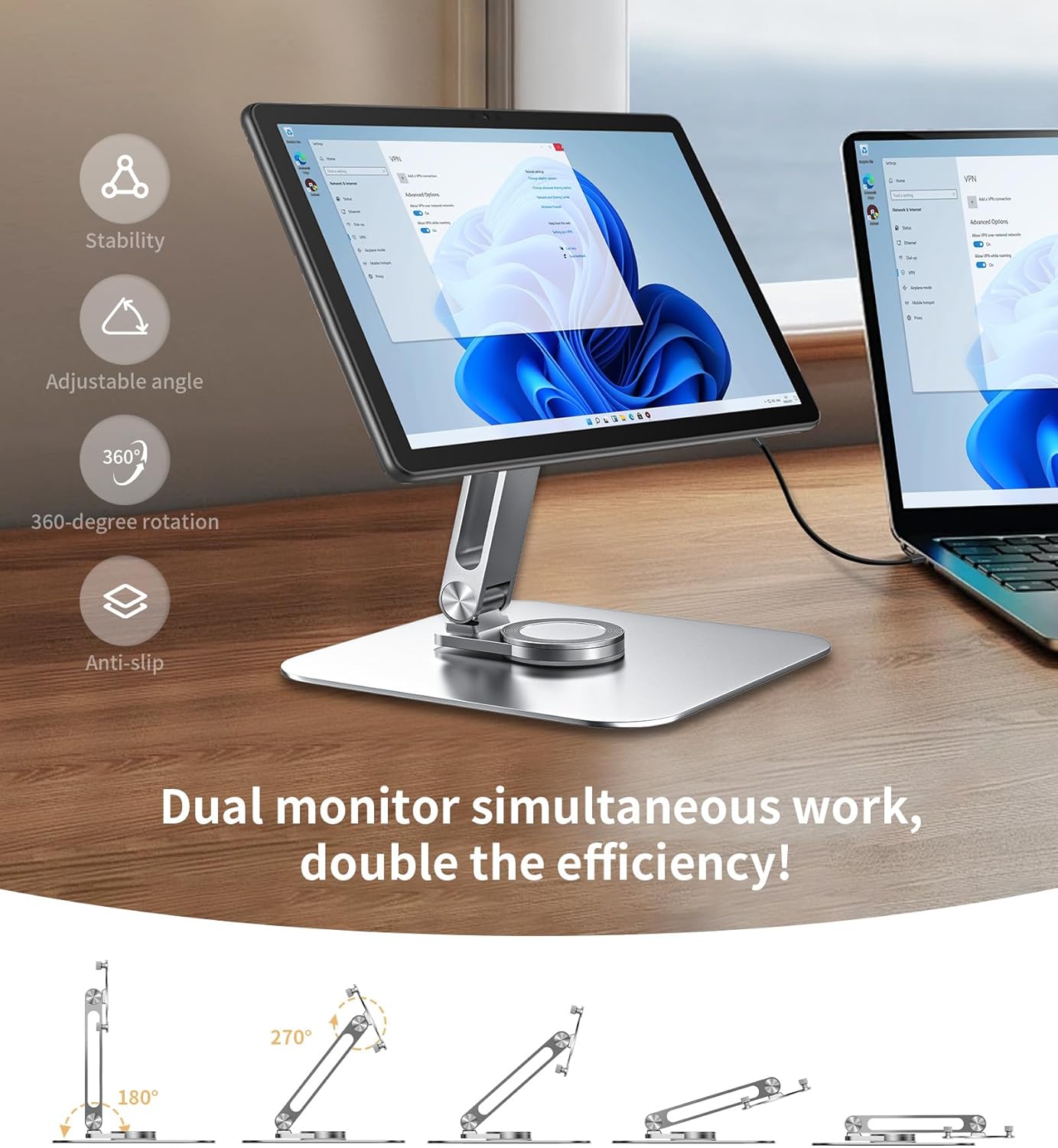 13-17.3" Monitor Stand with 360° Swivel Base, 75mm VESA Single-Arm Mount w/ M4 Screws for Portable Monitor, Adjustable Angle & Tilt & Rotation - Touchscreen Desktop Display Stand (Silver)