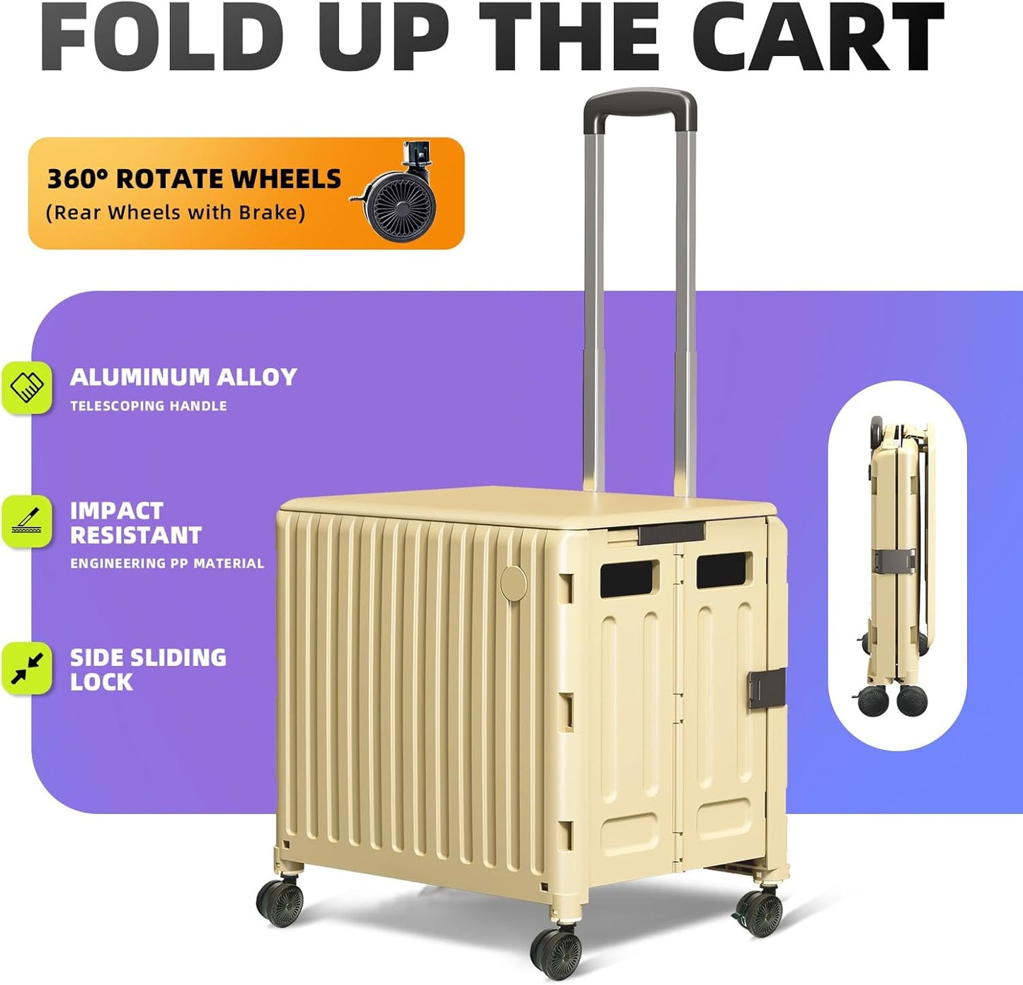 Folding Utility Cart with Wheels: Collapsible Rolling Carte for Teachers Handcart Shopping Trolley Portable Tool Box, All-Terrain Office Cart with Lid Basket Handle & Durable Frame