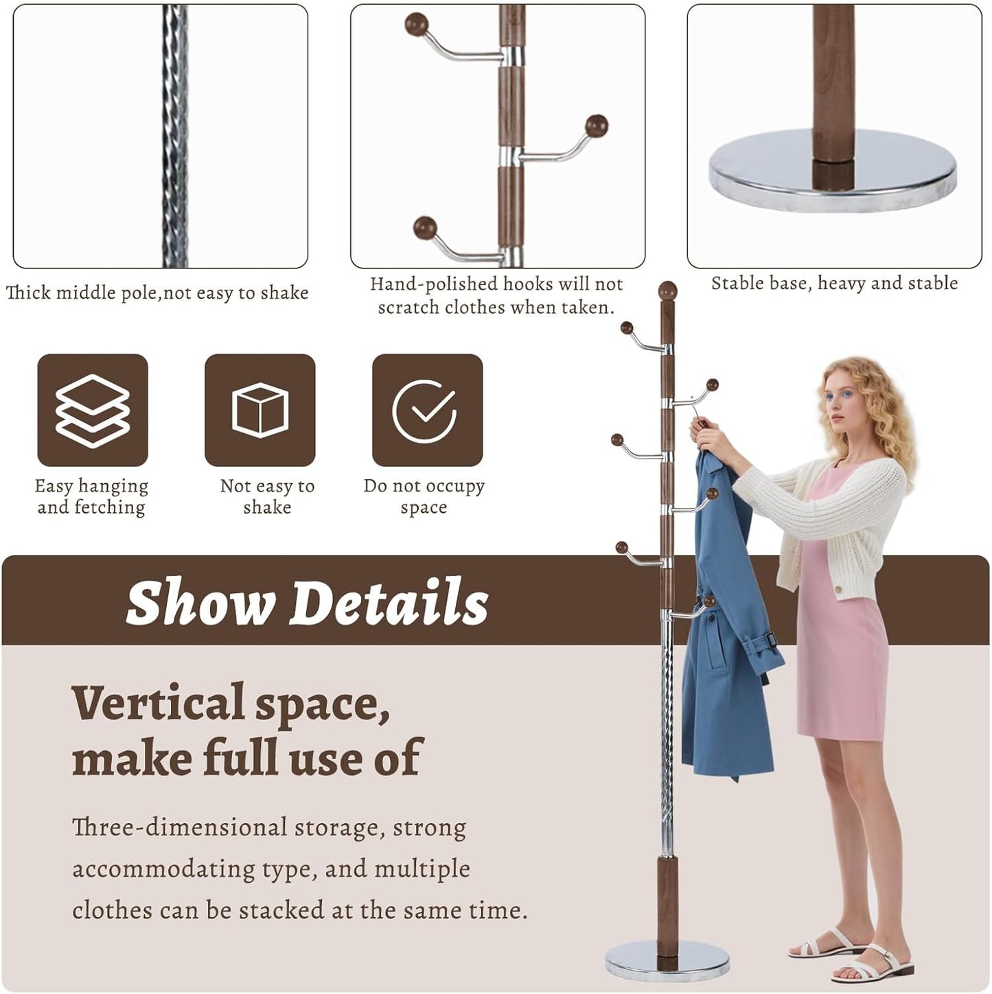 Wooden Coat Rack Freestanding with Resin Hooks, Adjustable Heavy Duty Stand for Hanging Coats, Bags, Hats, and Umbrellas in Living Room, Bedroom, Entryway (Cherry color-metal)