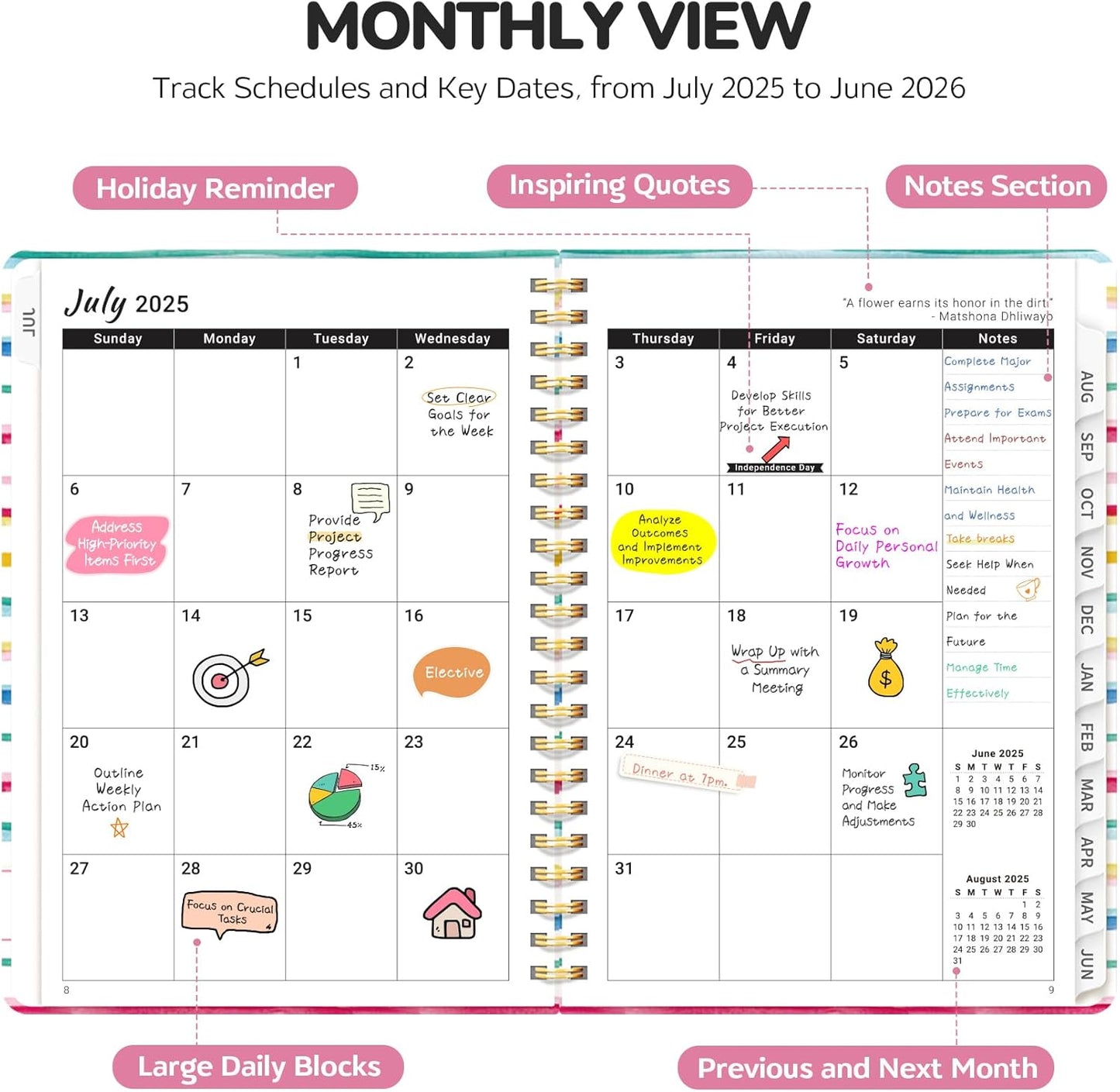 Planner 2025-2026, Academic Year Weekly and Monthly Calender Planner, July 2025 - June 2026, Spiral Bound School Planning Tool, Perfect for Teacher, Student, Women & Men - A5 (6.3" x 8.5"), Color Lines