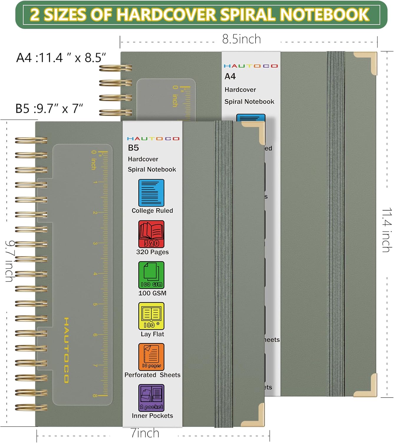 HAUTOCO Spiral Notebook College Ruled B5 Leather Bound Journal, 320 Pages, Hardcover Notebooks with tabs, 100 GSM Paper, 7x 9.7" Lined Journaling Notebooks for Work Office School Business, Olive Green